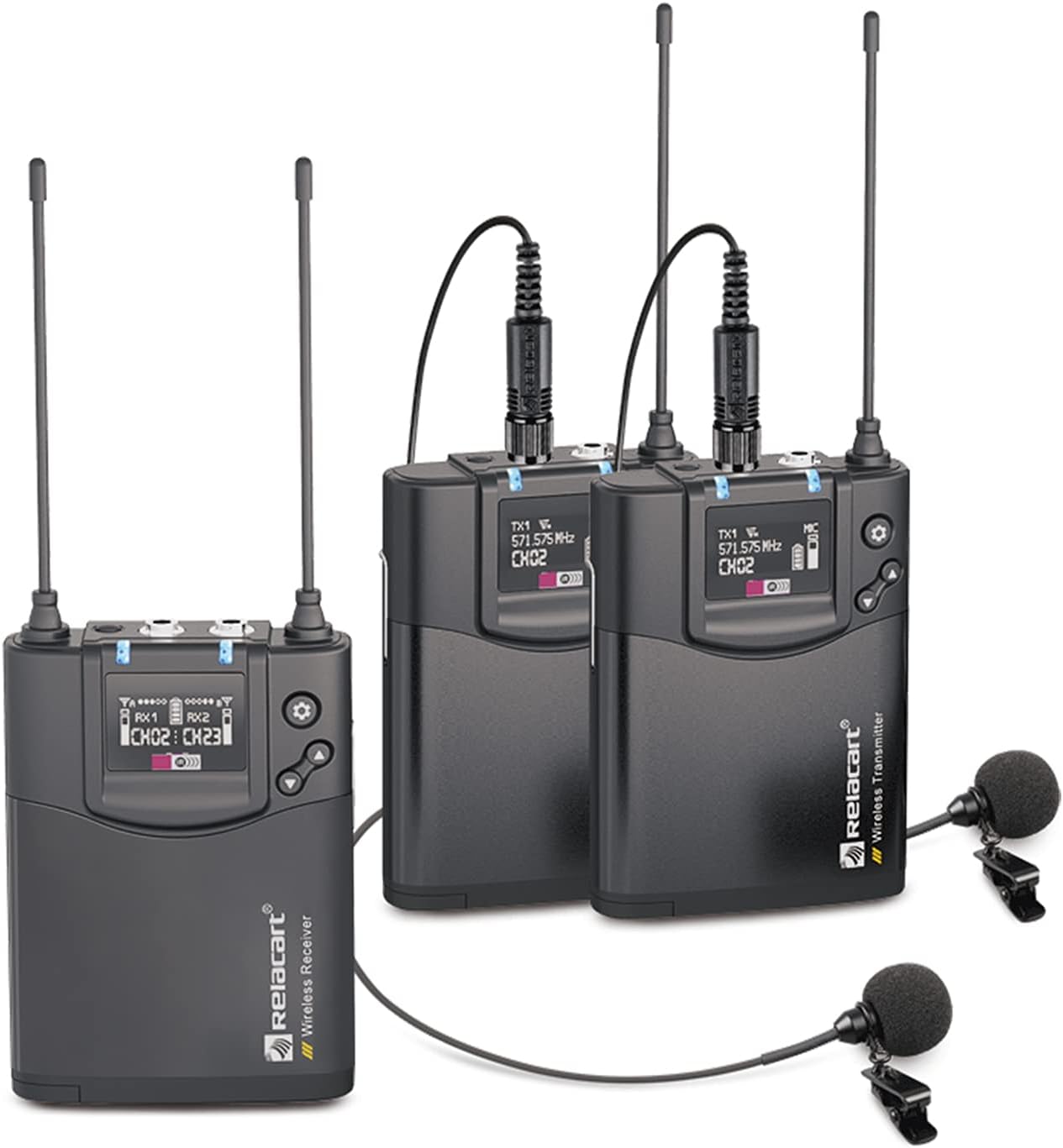 RELACART CR2 UHF Wireless Lavalier Microphone, 32 Channels Wireless Lapel Mic System Compatible with DSLR, Camera, Camcorder, Smartphone for Vlogging, Streaming, YouTube, Tiktok