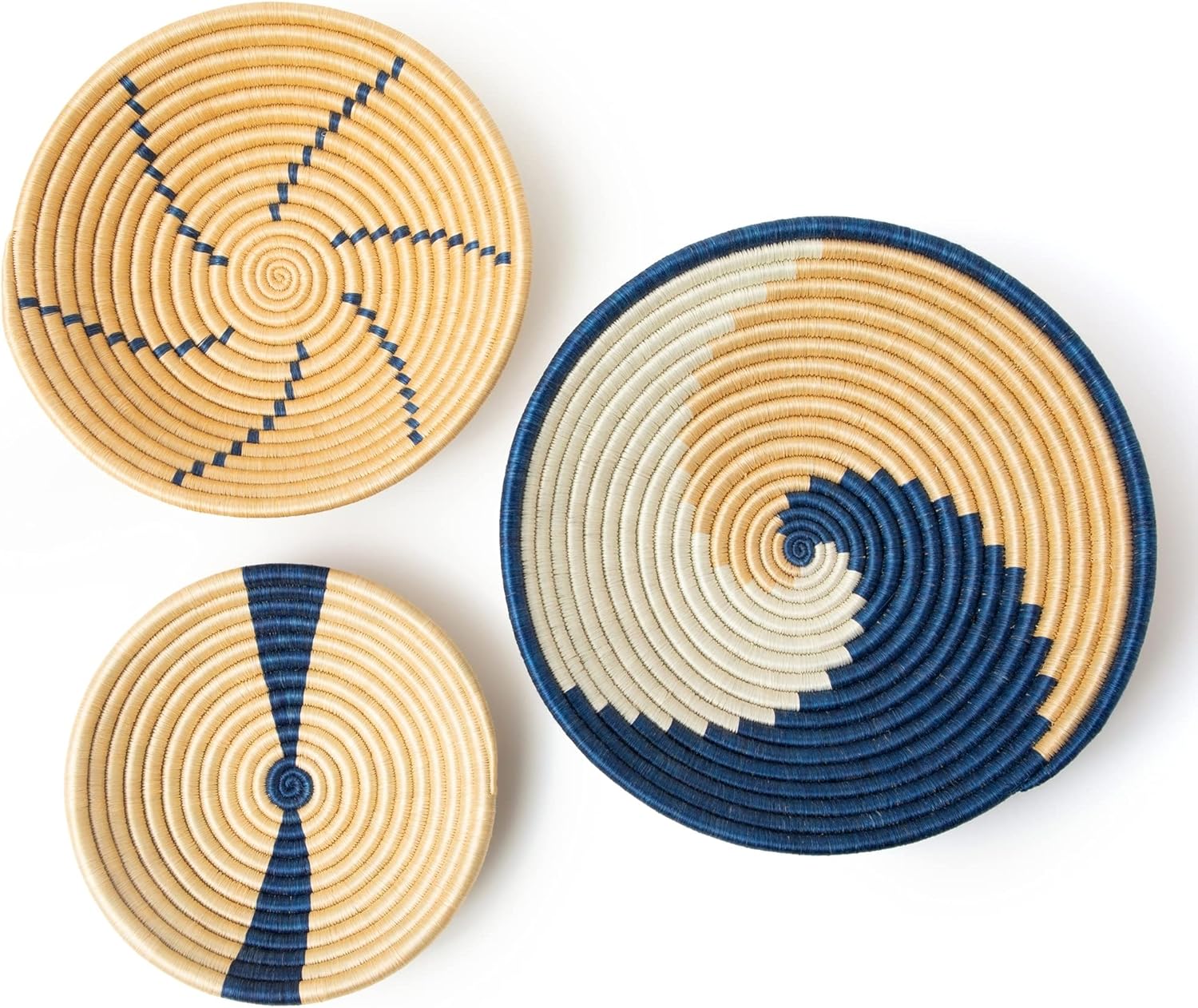 Wall Basket Decor • Boho Baskets Set of 3 African Wall Baskets • Blue Wall Baskets • Handmade by Artisans in Rwanda • Basket Wall Decor • African Decor • Hanging Woven Wall Baskets • Rattan Decor Pack of 2