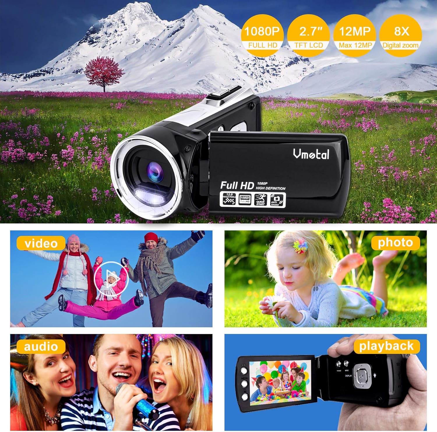 Video Camera Camcorders Digital Camera Recorder FHD 1080P 30FPS 2.7 Inch 270 Degree Rotation LCD Video Recorder for Kids Children Beginner Teenager Gift Pack of 2