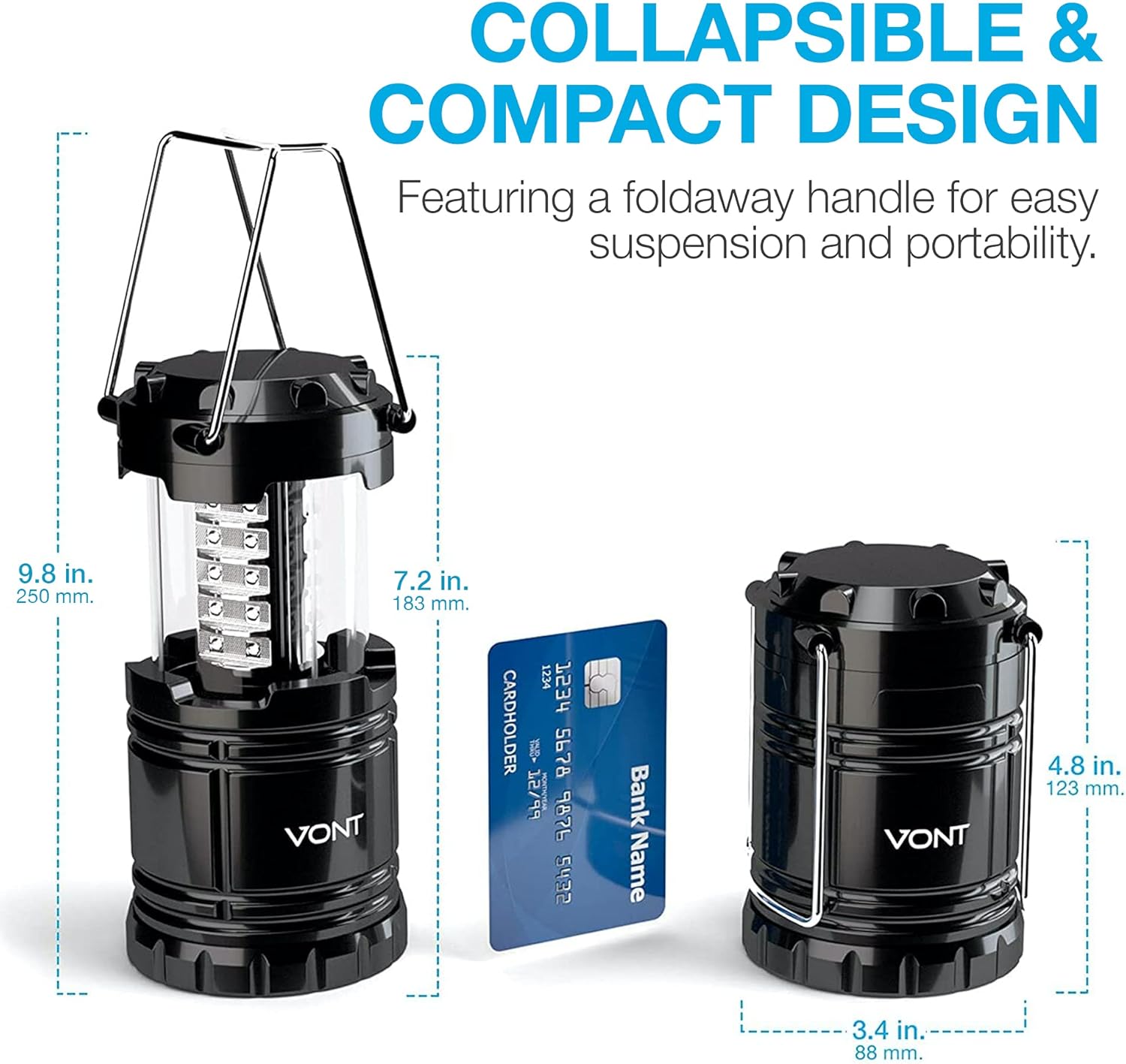 Vont 8 Pack LED Camping Lantern, LED Lanterns, Suitable Survival Kits for Hurricane, Emergency Light for Storm, Outages, Outdoor Portable Lanterns, Black, Collapsible, (Batteries Included)