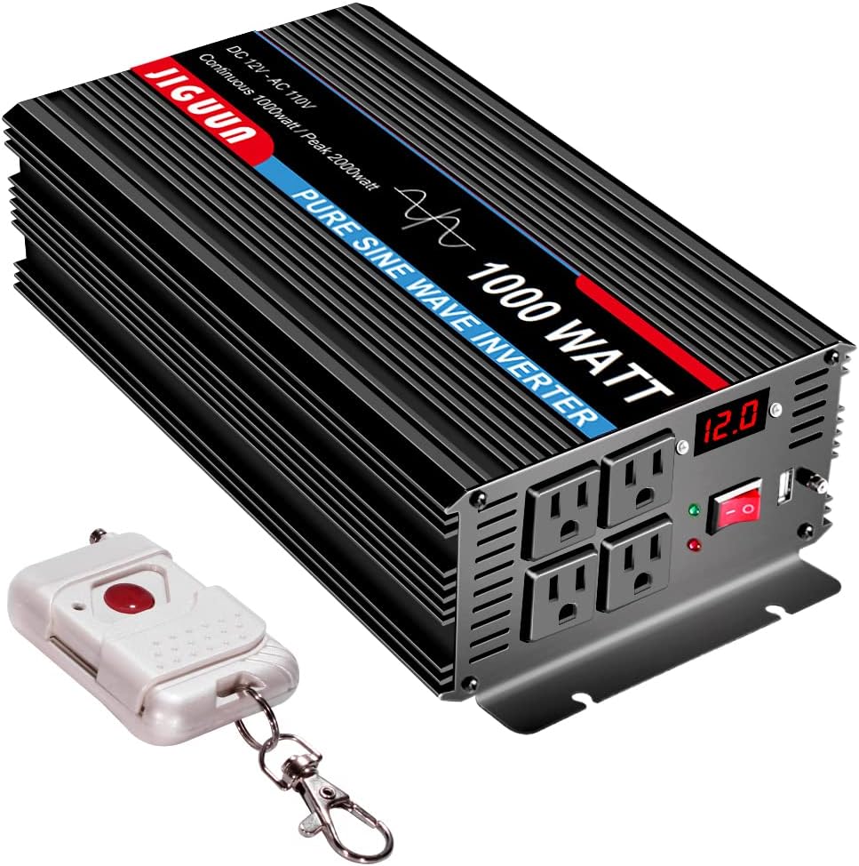 JIGUUN Power Inverter Pure Sine Wave 1000 Watt DC 12V to AC 110V with LCD, Car Inverter with 4 AC Outlets&USB Output, Power Converter with 170ft Wireless Control for CPAP RV Home. (1000W-12V)