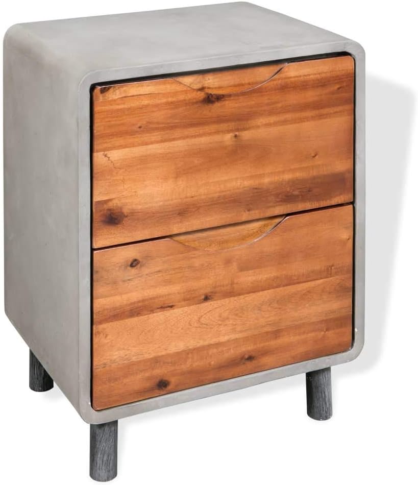 vidaXL Solid Acacia Wood Nightstand Concrete with 2 Drawers 15.7