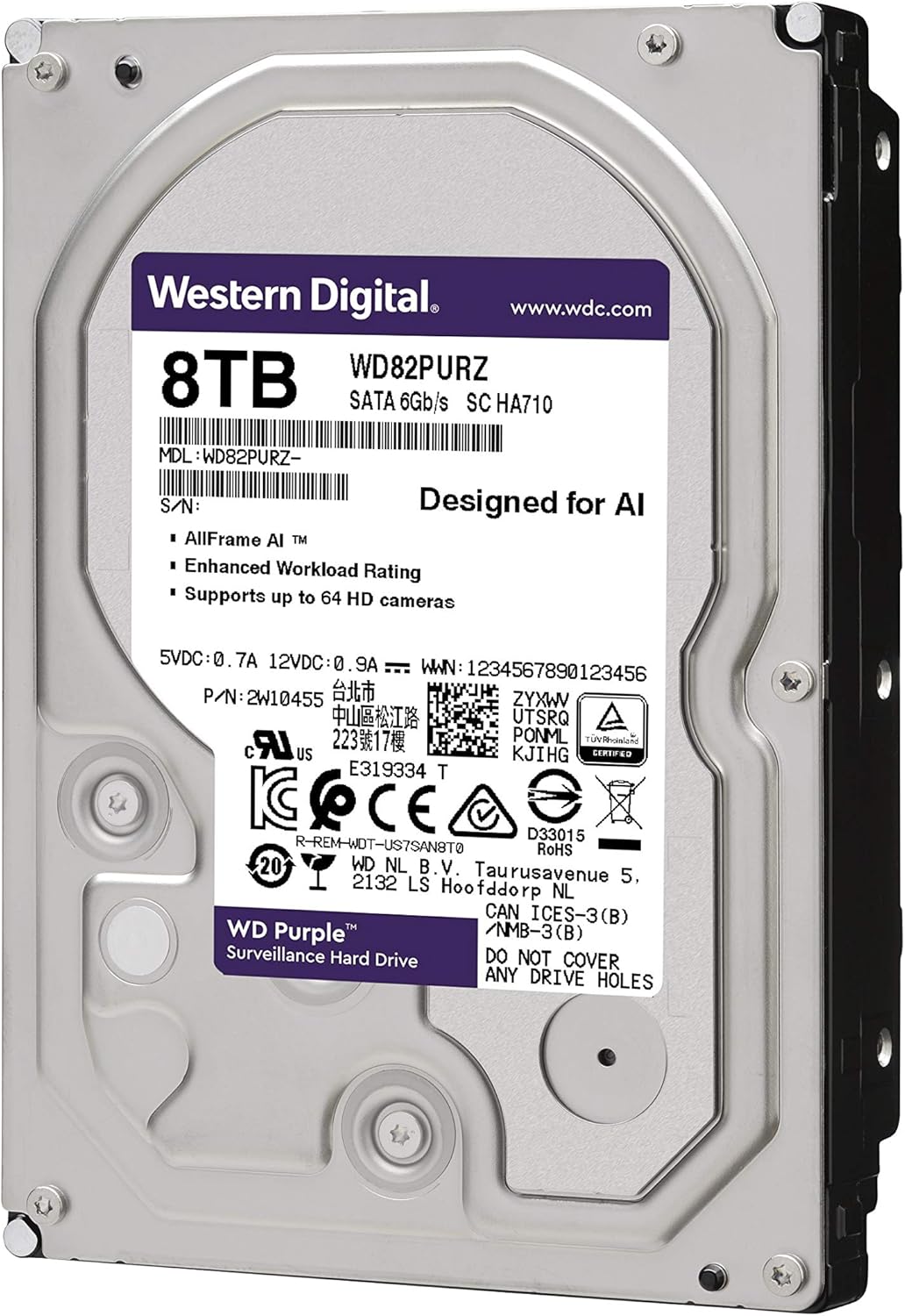 Western Digital 8TB WD Purple Surveillance Internal Hard Drive HDD - 7200 RPM, SATA 6 Gb/s, 256 MB Cache, 3.5