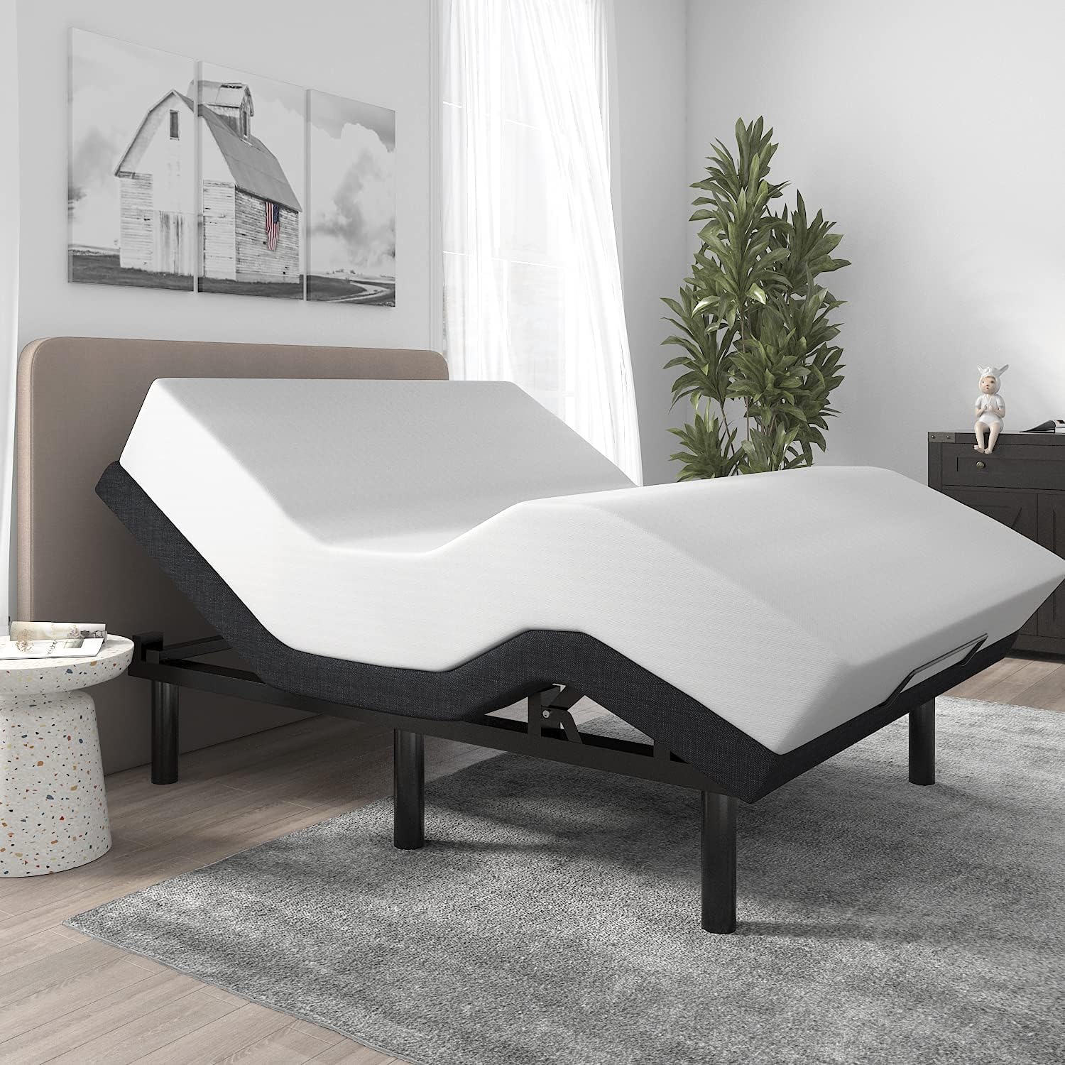 SHA CERLIN Queen Size Adjustable Bed Base/Bed Frame with Motorized Head and Foot Incline,Zero-Gravity,Wireless Remote,Soft Linen Fabric Attached,Wood Board Support (Only Base)