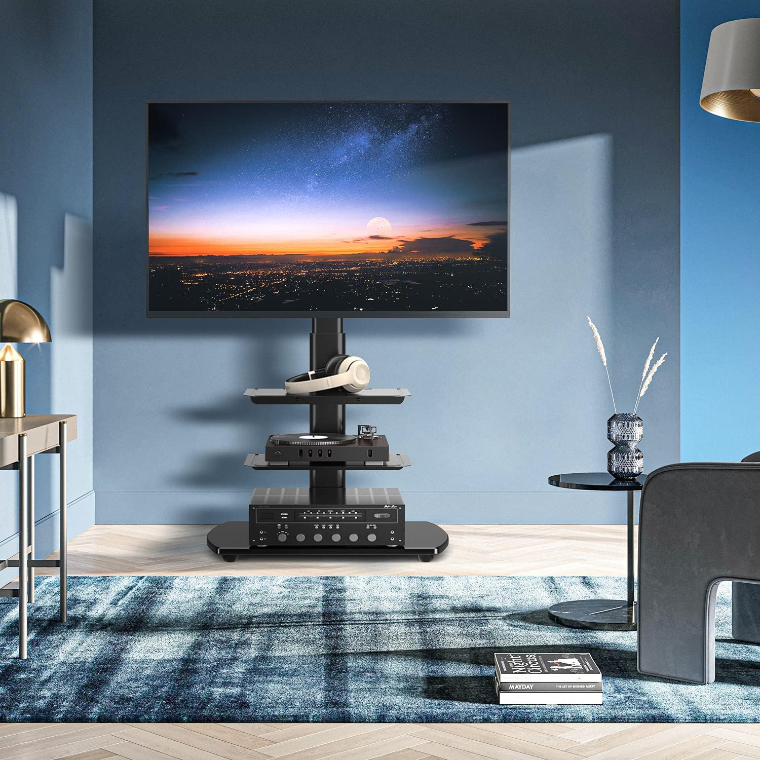 5Rcom Universal TV Floor Stand with 2 Media Shelves for 27 32 37 42 47 50 55 65 inch Flat or Curved Screens TVs Nice Tempered Glass Base with Swivel Mount for Bedroom and Office,Black