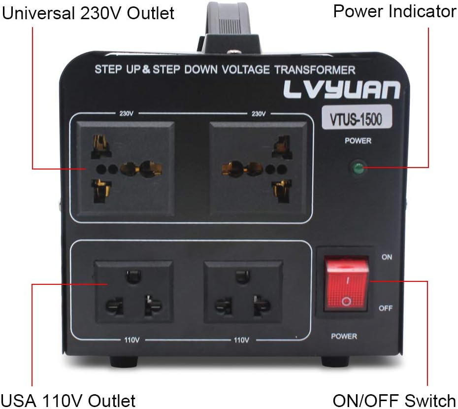 LVYUAN Voltage Transformer Converter 1500 Watt Step Up/Down Convert from 110-120 Volt to 220-240 Volt and from 220-240 Volt to 110-120 Volt with 2 US outlets, 2 Universal outlets, Circuit Breaker Pack of 2