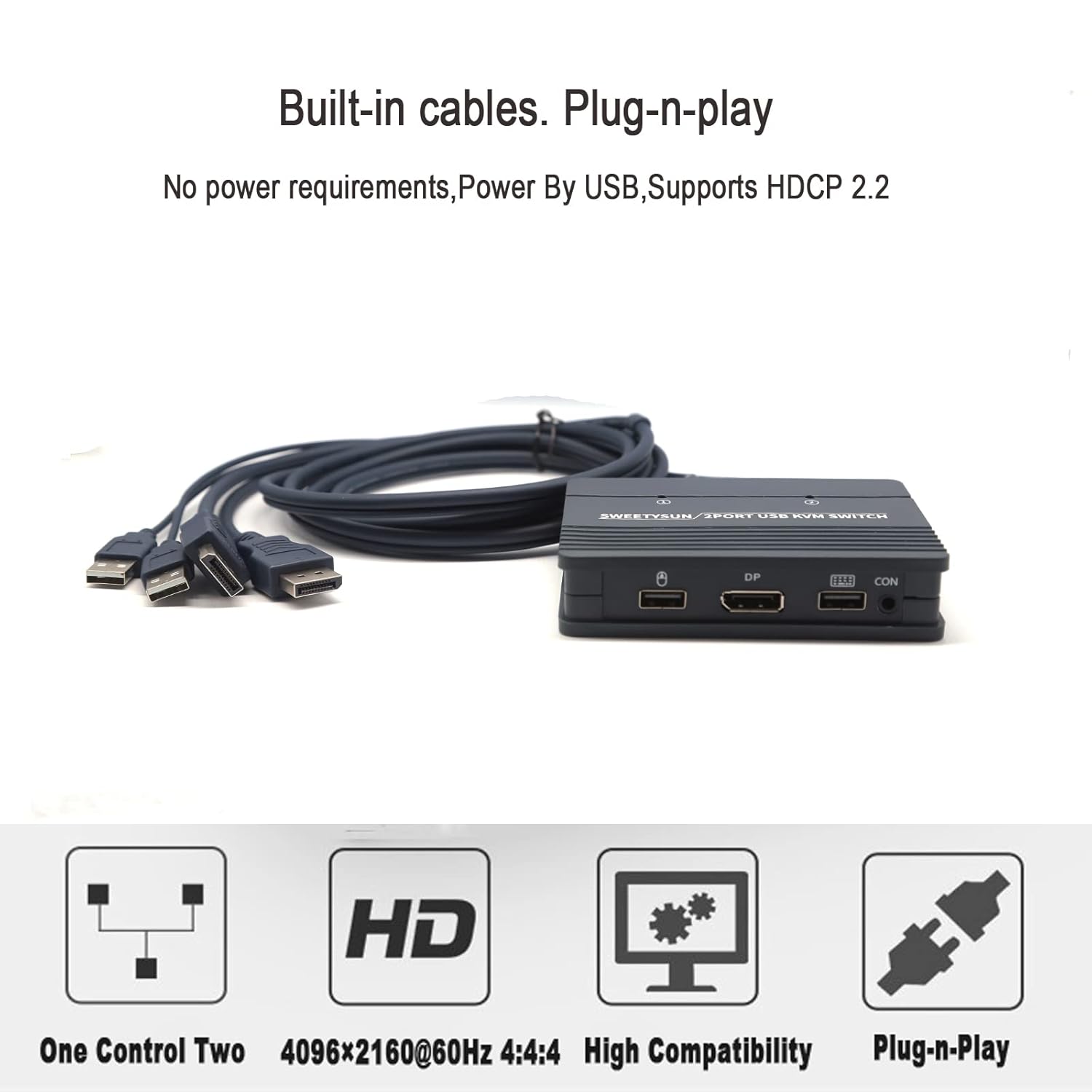 DisplayPort Kvm Switch 2 Port,USB DP Kvm Switch for 2 Computers Share 1 Monitor and Keyboard Mouse,4K 60Hz,Wire Button Switching,2 in 1 Out Video Selector Peripheral Switcher Box Pack of 2