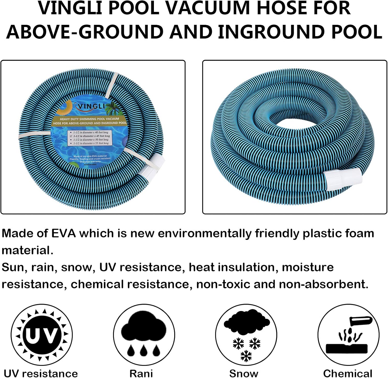 VINGLI Above-Ground Swimming Pool Vacuum Hose 1-1/2-Inch x 45-Feet, Blue
