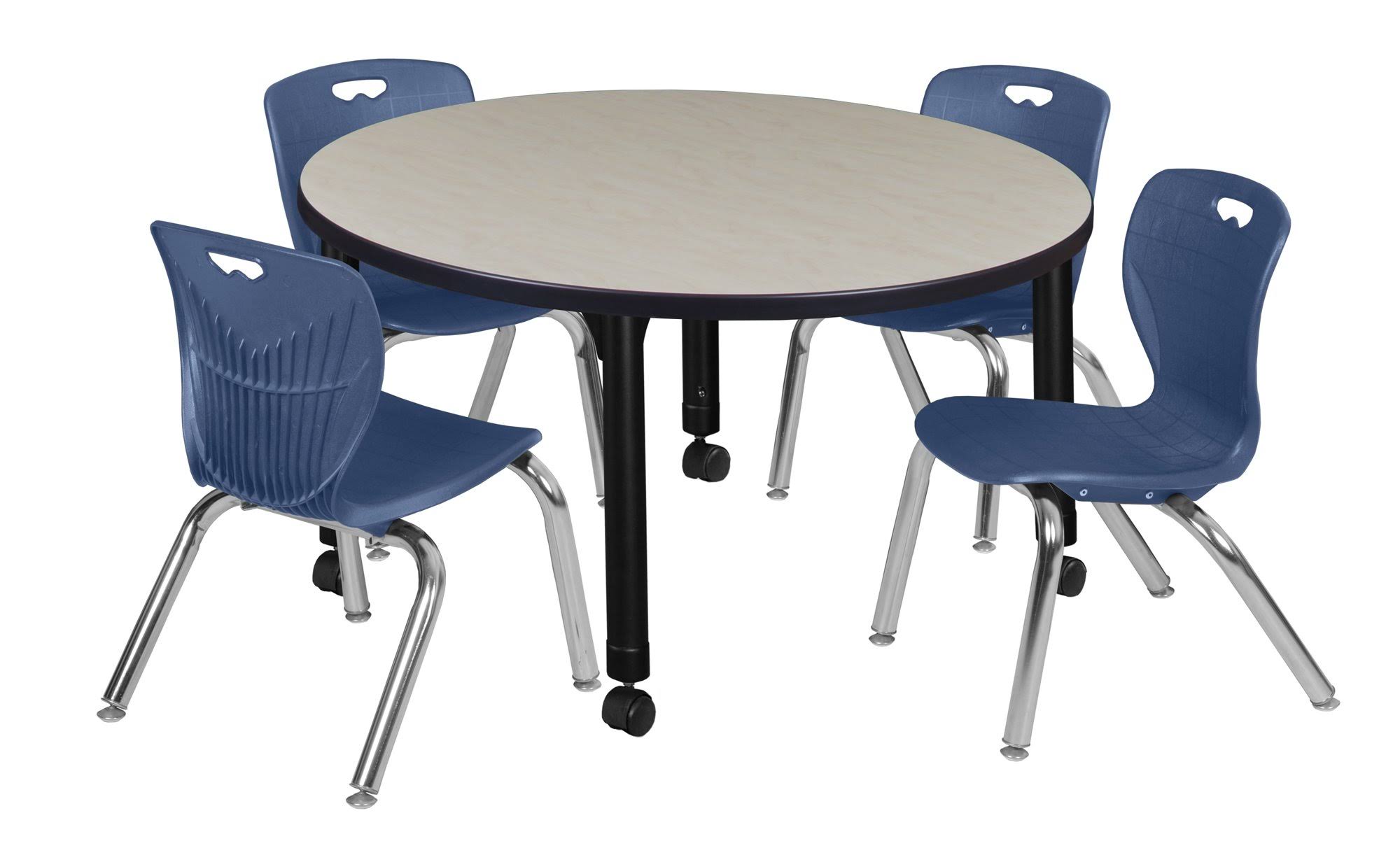 Regency Kee 42x22 Round Height Adjustable Classroom Table - Maple u0026 4 Andy 12-in Stack Chairs- Navy Blue