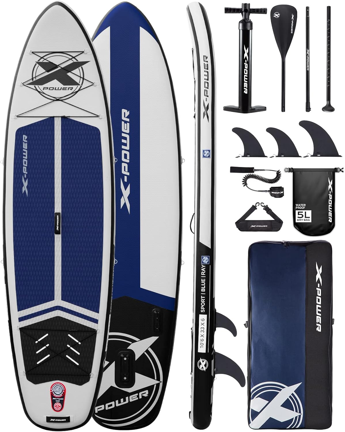 X-POWER Inflatable Paddle Board, 10'6”×33'' Stand Up SUP Board W/ 3 FIN, Shoulder Strap, Double Action Pump, 3PCS Floatable Paddle, 5MIN Fast Inflate, Ideal for Beginner & Pro, Fresh or Salt Water