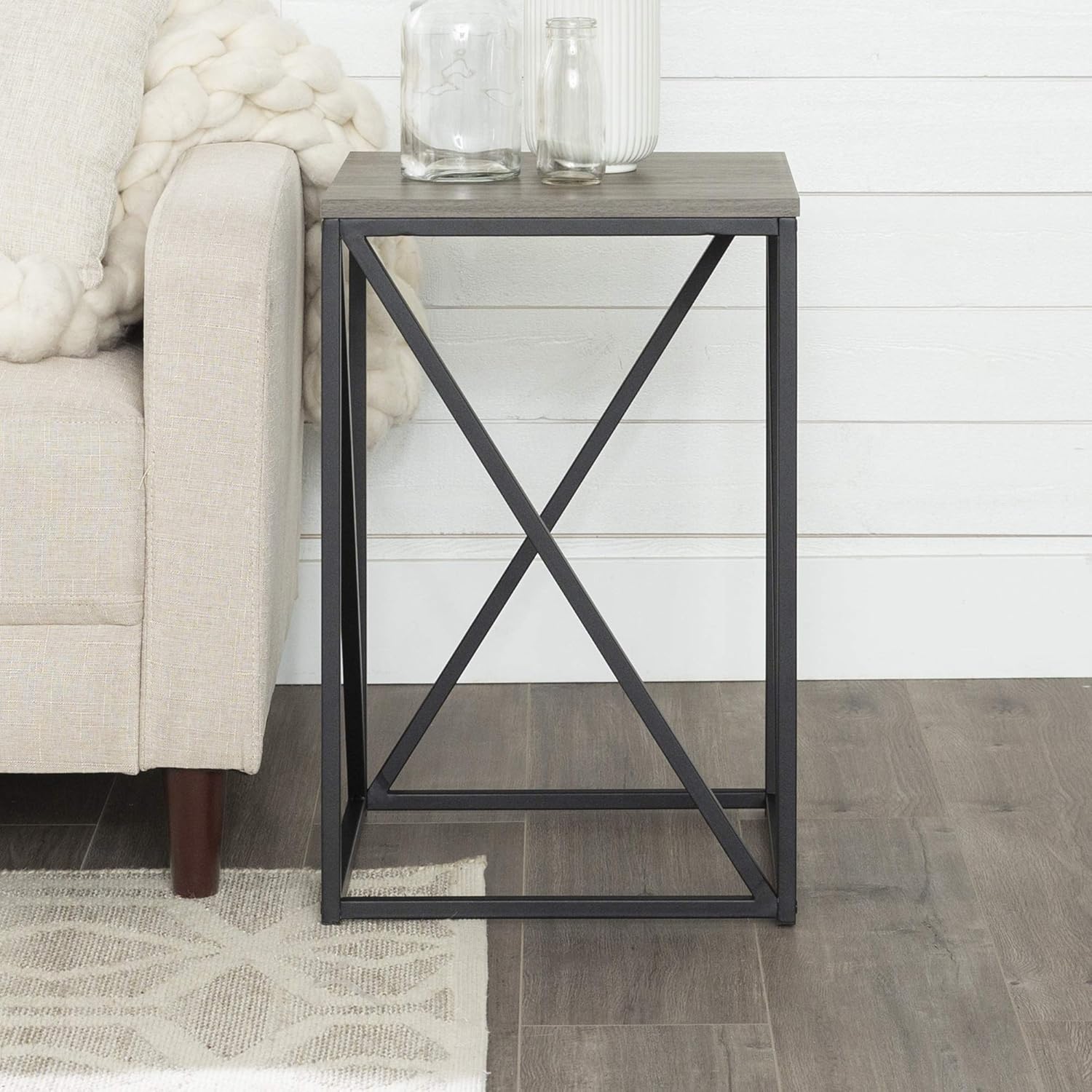 Walker Edison Modern Geometric Metal Square Side End Accent Table Living Room Storage Small End Table, 16 Inch, Slate Grey