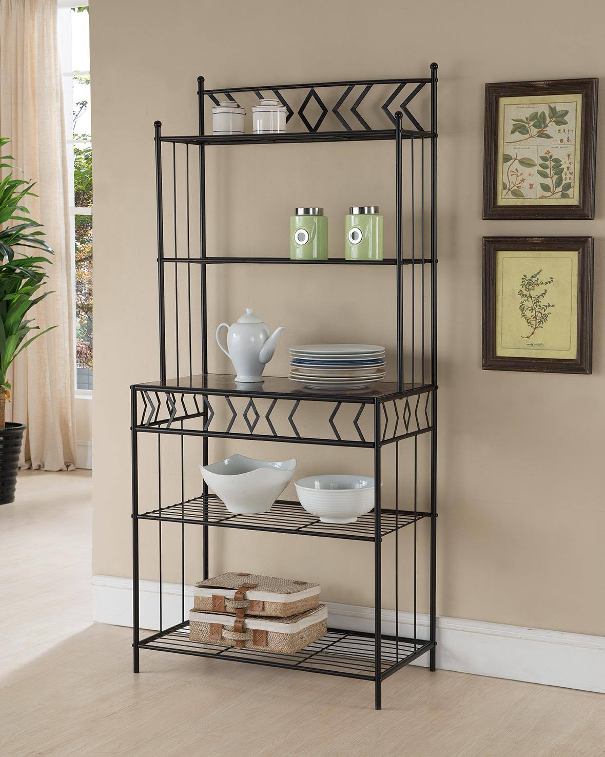 Black Metal 5 Tier Kitchen Bakers Rack Stand with Shelves u0026 Storage
