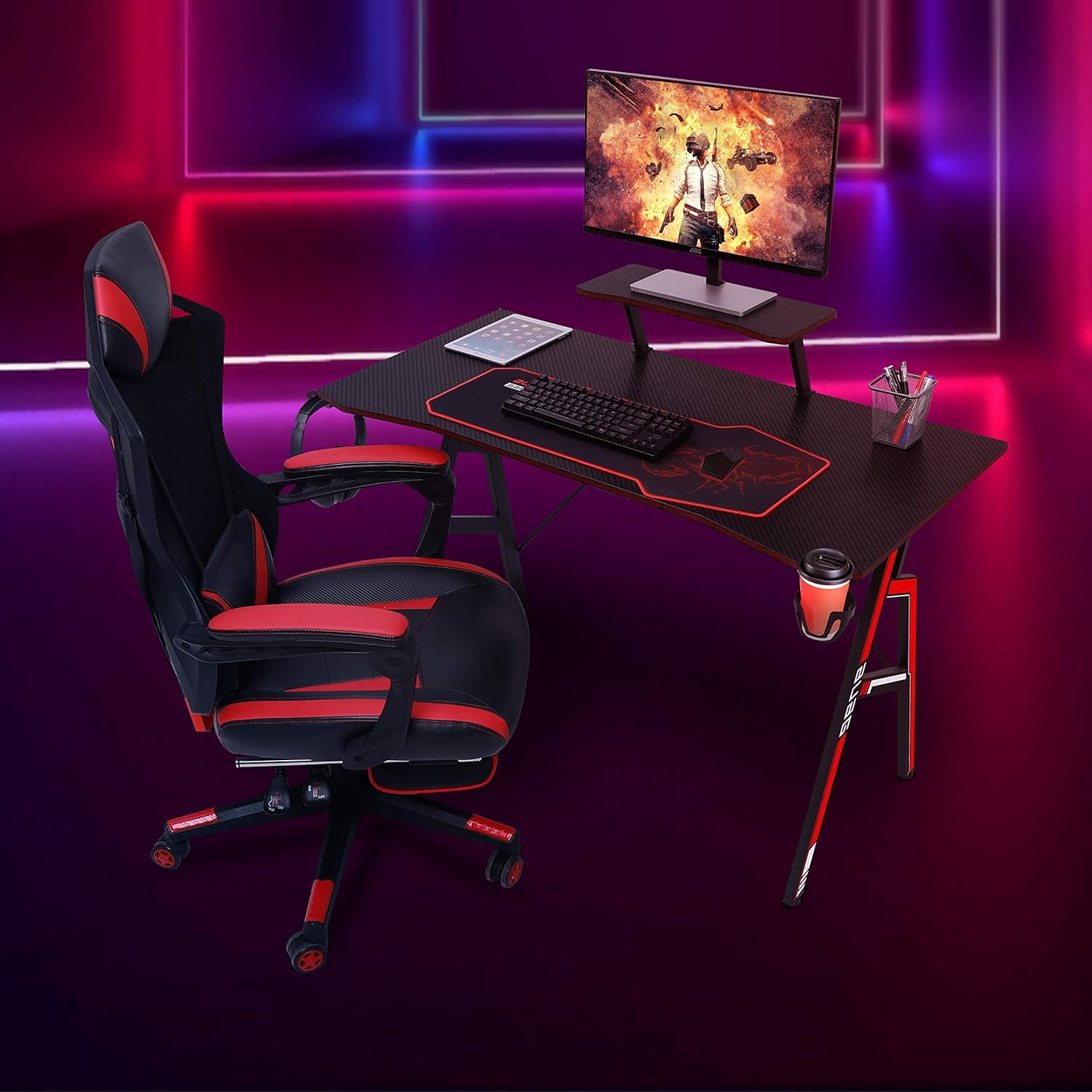 AuAg 44 inch Gaming Desk with Monitor Shelf PC Desk, A-Shaped Gaming Table Home Office Computer Desk Modern Ergonomic Racing Style Gamer Workstation with Cup Holder and Headphone Hook (44