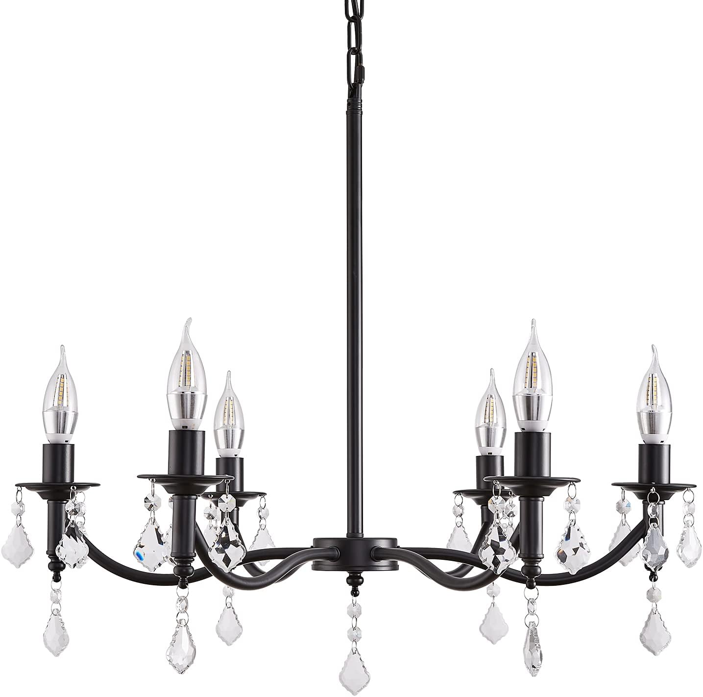 LEDSTORM Farmhouse Chandelier 6-Light Rustic Industrial Ceiling Crystal Pendant Light Fixture for Dining Room Bedroom Foyer Kitchen 25 Inches Matt Black(Adjustable Height)