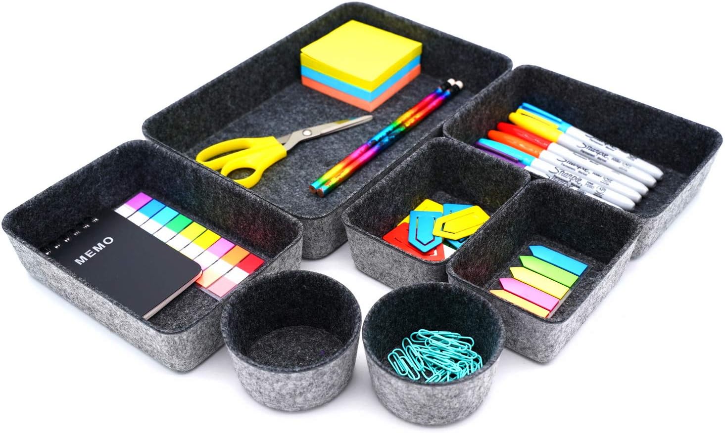 WELAXY Drawer organizers trays Felt storage bins office Desk Draw dividers Morandi Colors Nordic Natural Interior Decor simplicity Shallow Box 7-Piece round (Oatmeal) Pack of 2