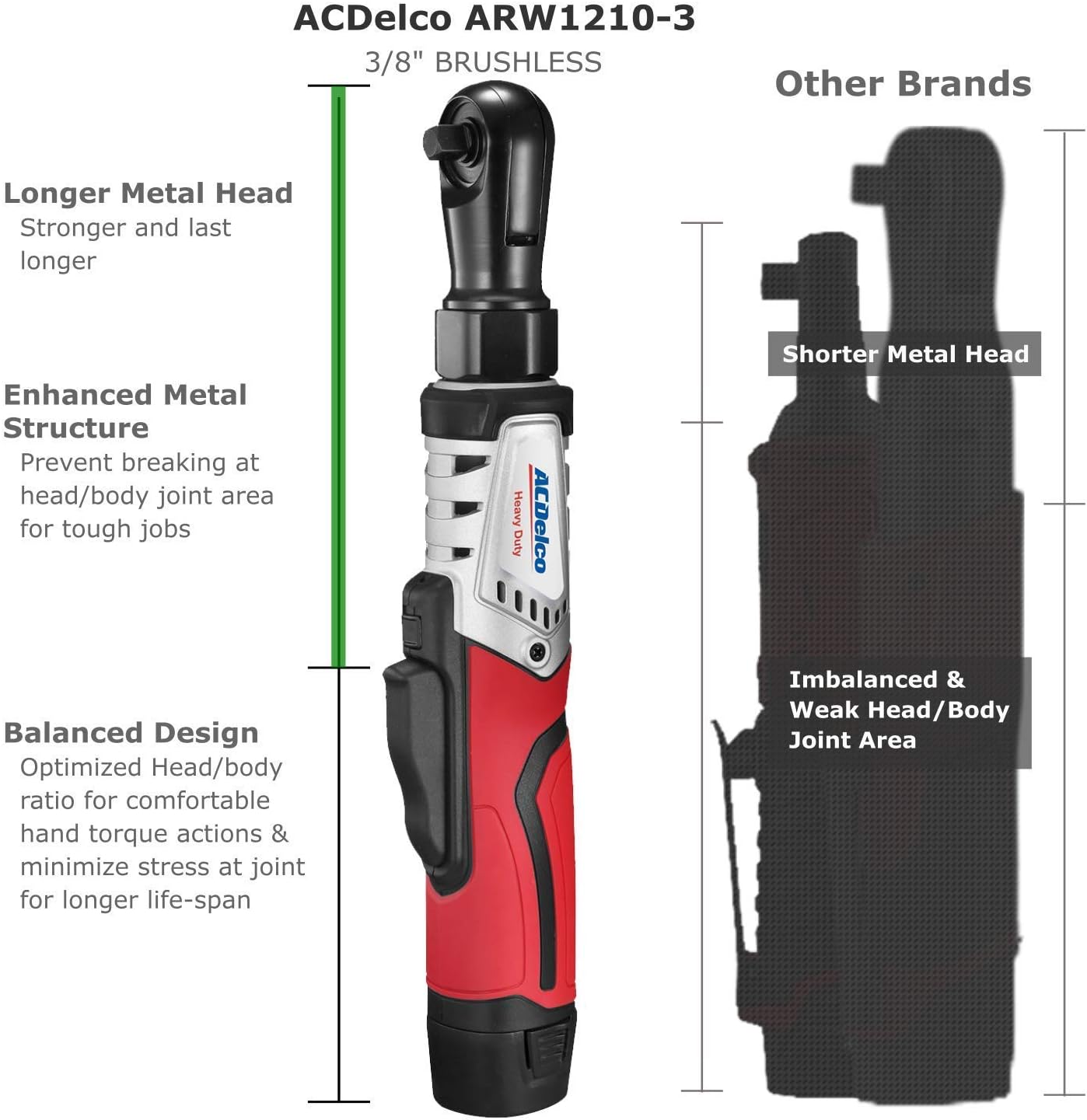 ACDelco ARW1210-3P G12 Series 12V Cordless Li-ion 3/8&rdquo; 65 ft-lbs. Brushless Ratchet Wrench Tool Kit