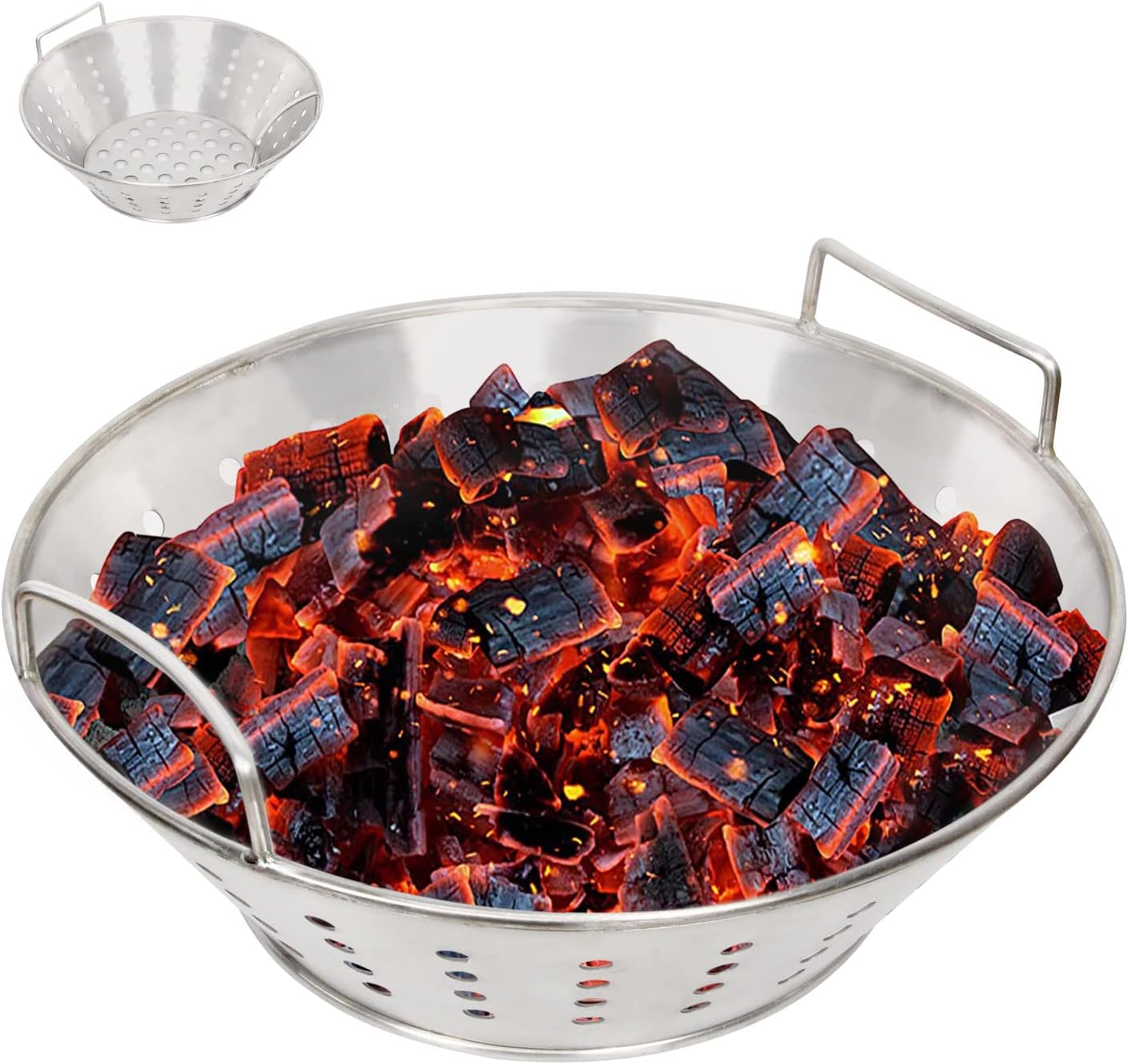 KAMaster Punched Stainless Steel Charcoal Ash Basket for Large Big Green Egg,Lump Charcoal Fire Basket Big Green Egg Accessories Fire Bowls for Large BGE,Kamado Joe Classic and Other Similar Grills