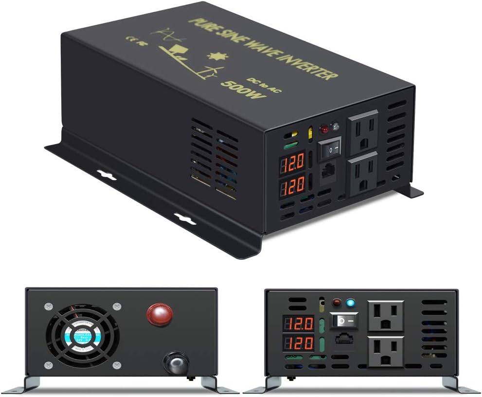 WZRELB Pure Sine Wave 500W Power Inverter 1000W Surge DC 12V to 110V 120v AC Power Converter with Remote Controller Digital LED Display Dual US Outlouts Car Adapter