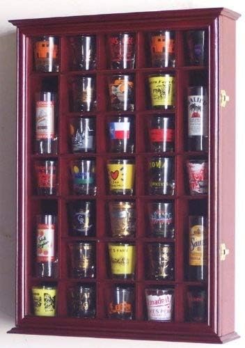 31 Shot Glass Shotglass Shooter Display Case Holder Cabinet Wall Rack -Cherry Pack of 2