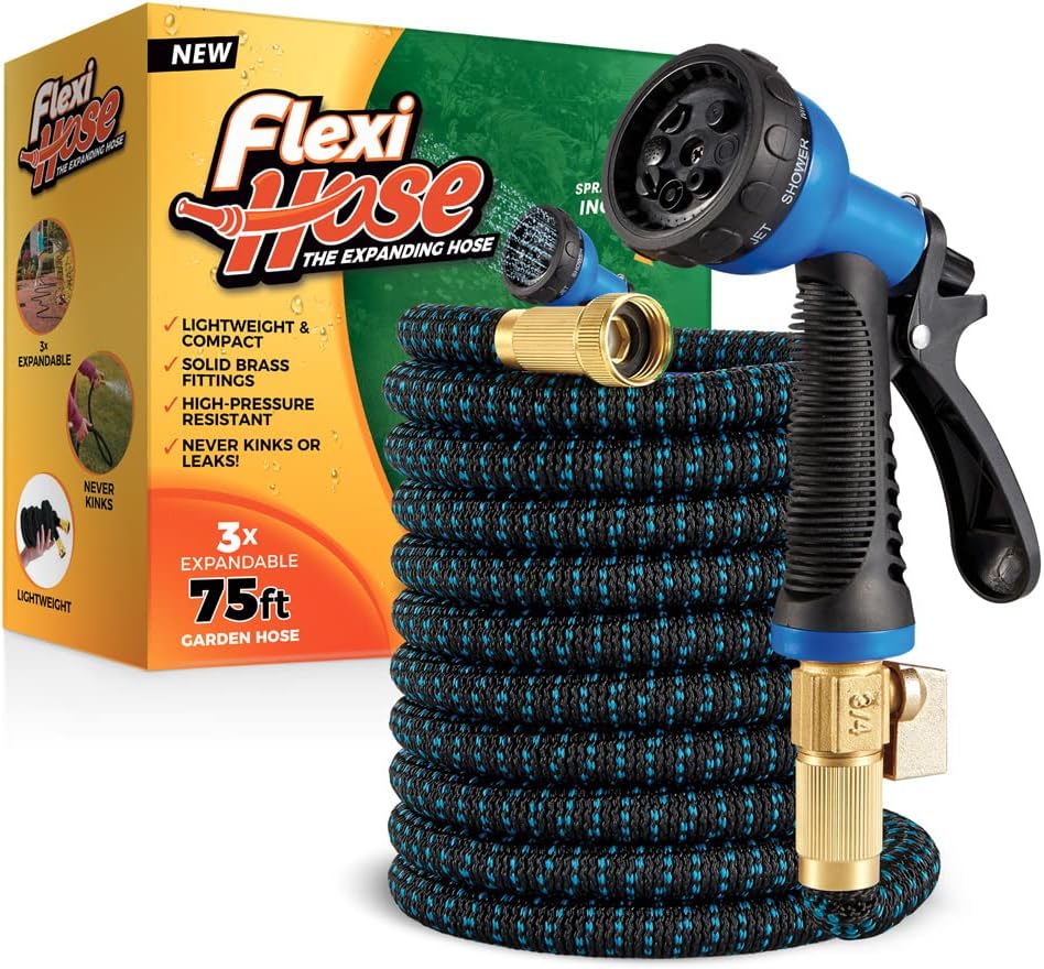Flexi Hose with 8 Function Nozzle, Lightweight Expandable Garden Hose, No-Kink Flexibility, 3/4 Inch Solid Brass Fittings and Double Latex Core Pack of 2