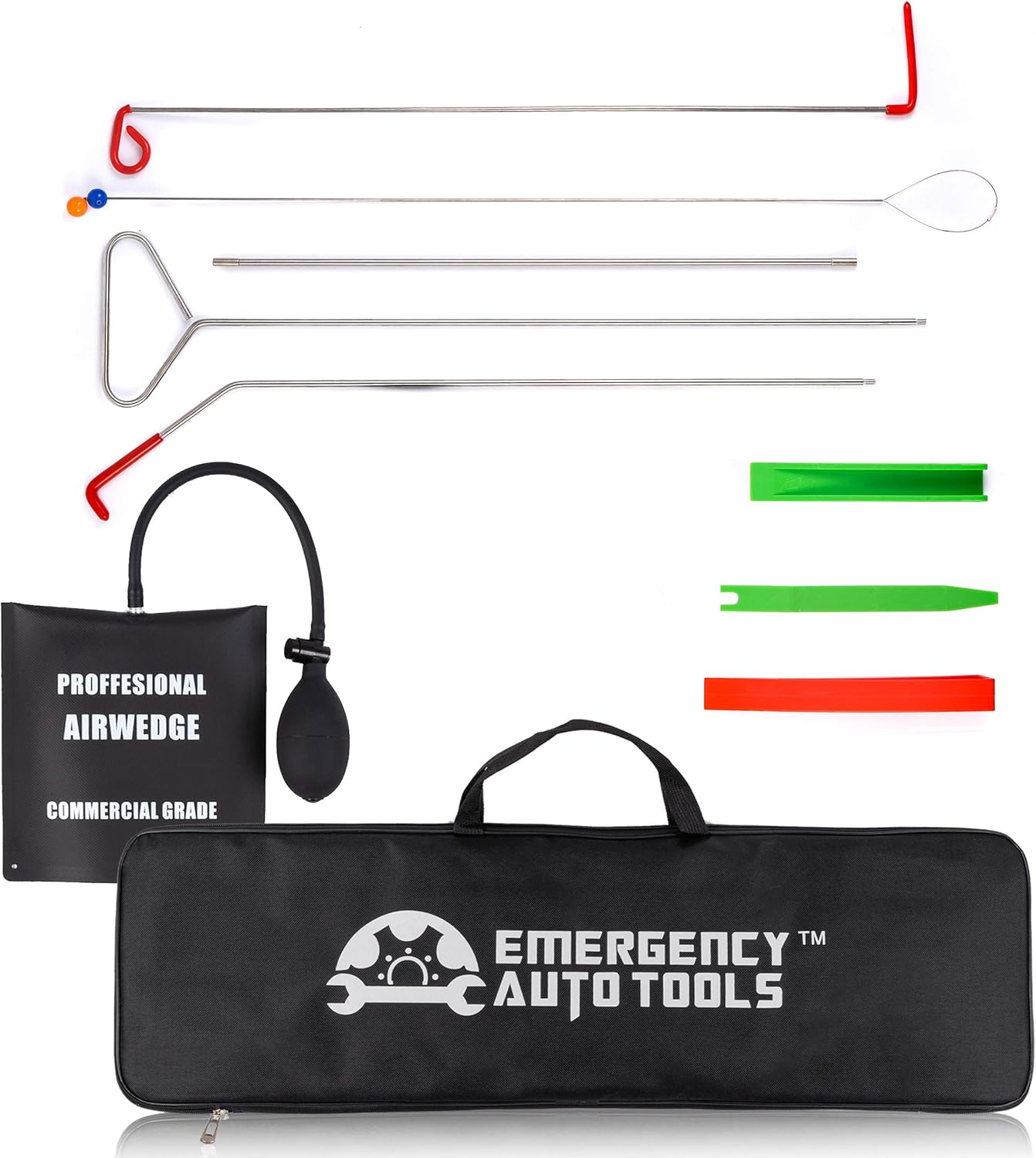 EmergencyAutoTools Universal Car Tool Kit - 9 Piece Vehicle Auto Emergency Tool Set - Long Reach Grabber, Air Wedge Pump, Non-marring Wedges, Pry Tool, Carrying Case Bag