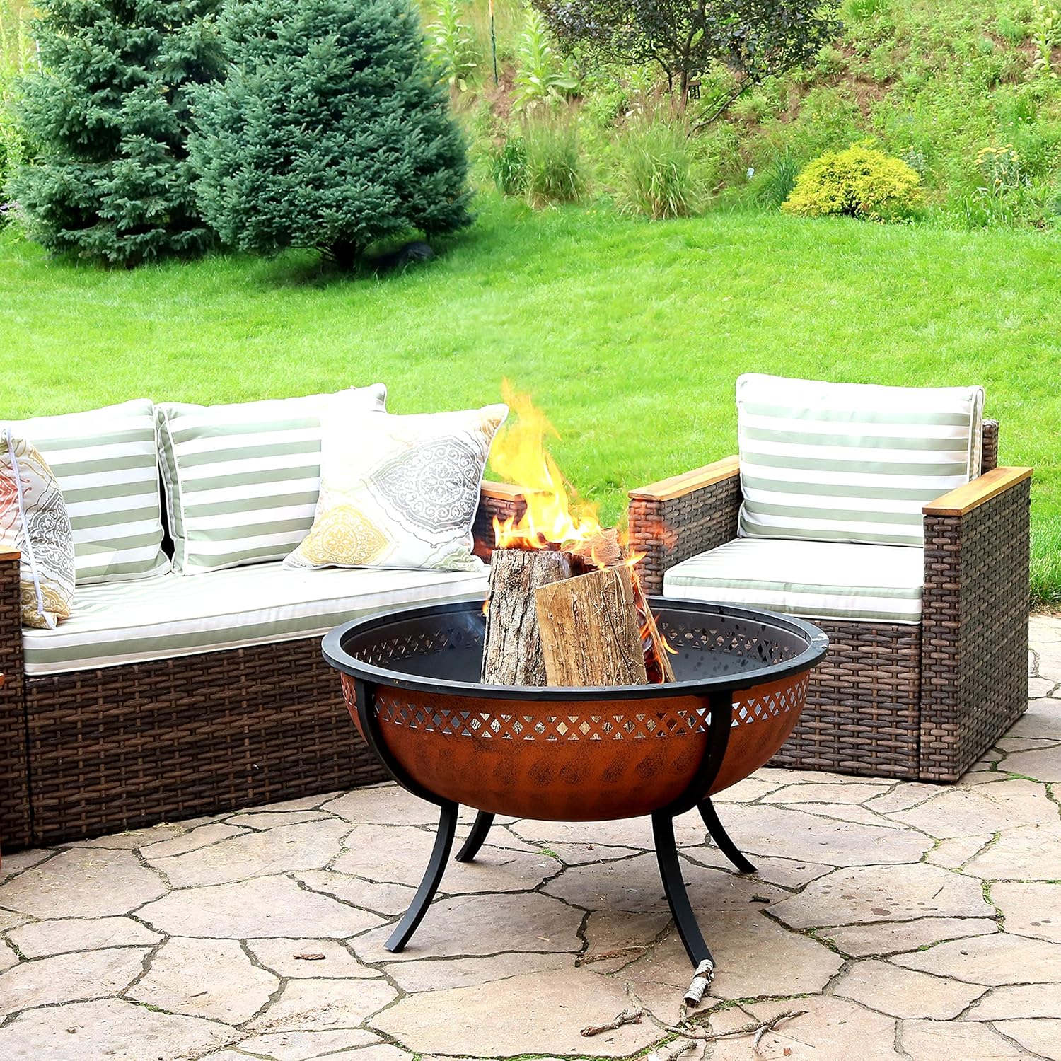 Sunnydaze Steel Fire Pit Bowl with Crossweave Border Cutout - Outdoor Metal Wood-Burning Fire Feature with Poker and Spark Screen for Patio and Backyard Bonfire - Copper Finish - 32.25-Inch