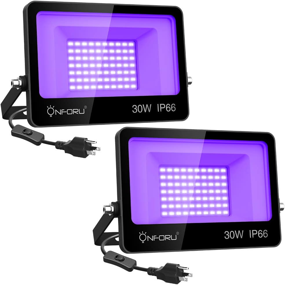 Onforu 2 Pack 30W LED Black Lights, Blacklight Flood Light with Plug, IP66 Waterproof, for Dance Party, Glow in The Dark, Stage Lighting, Aquarium, Body Paint, Fluorescent Poster, Neon Glow Pack of 2