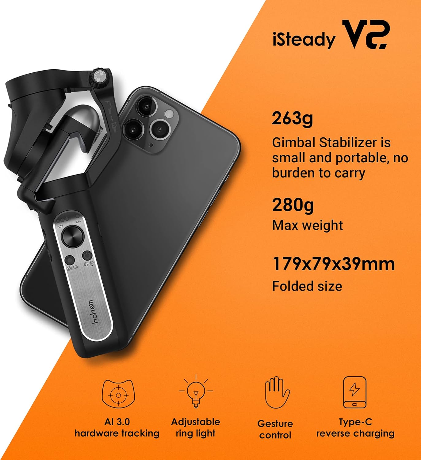 Hohem iSteady V2 - 3-Axis Gimbal Stabilizer for Smartphone Handheld Phone Gimbal Stabilizer Three-Speed Fill Light Face Tracking Gesture Control Type C Reverse Charging Vlog YouTube Live Video Record
