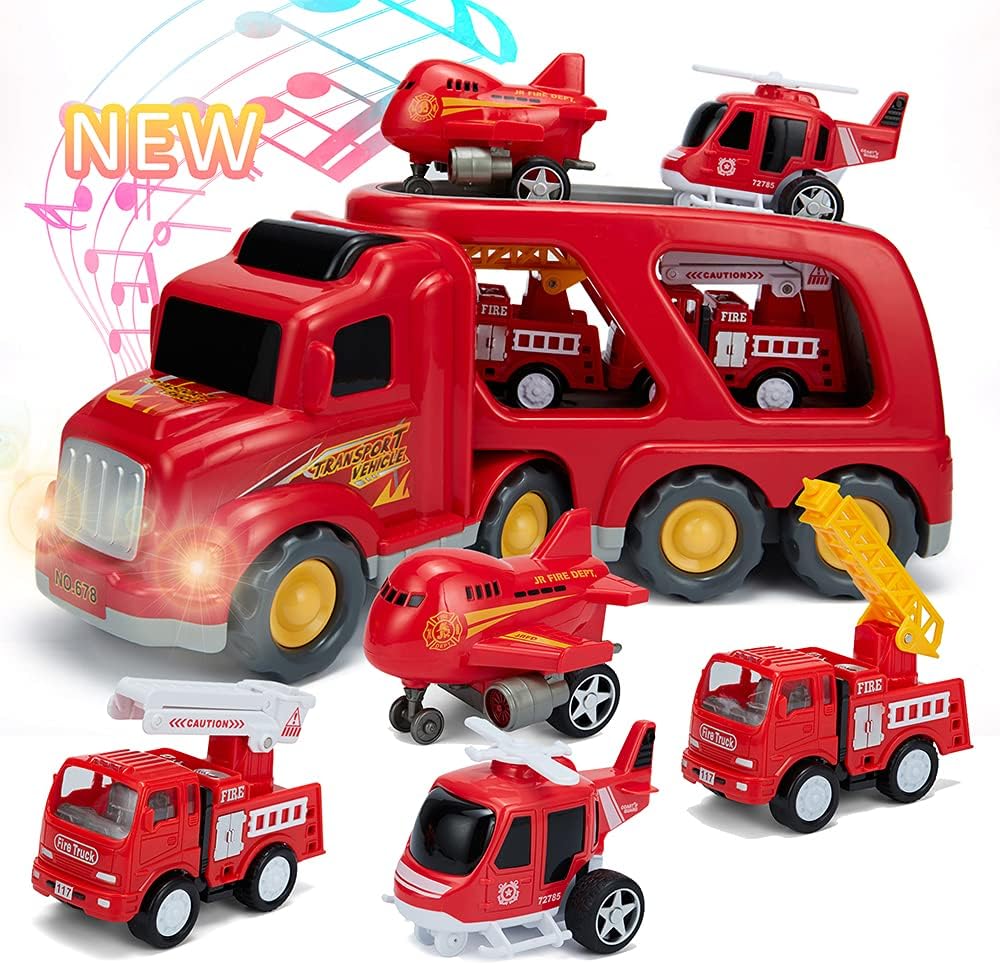 Cartoon Vehicles Playset Carrier Car Toy Set Truck Transport Car, Pink Toy for Girl Toddler Kid, with Light and Sound, Large Transport Truck, Small Helicopter, Airplane, Taxi, Car, 5 in 1 Playset Pack of 2