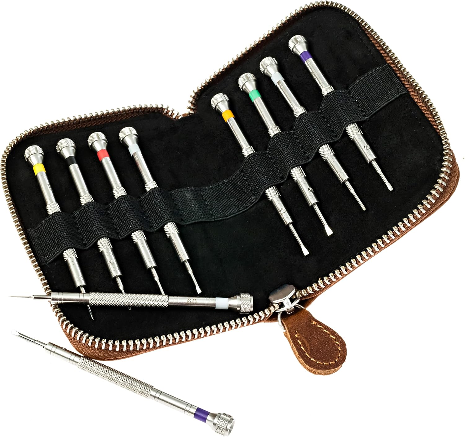 Leather Zipper Screwdriver Case (No Tools) by W&S for Travel and Storage of Screwdriver Set: Zipper Case Securely Holds Screwdrivers (Sold Separately) - Brown Leather, Black Suede