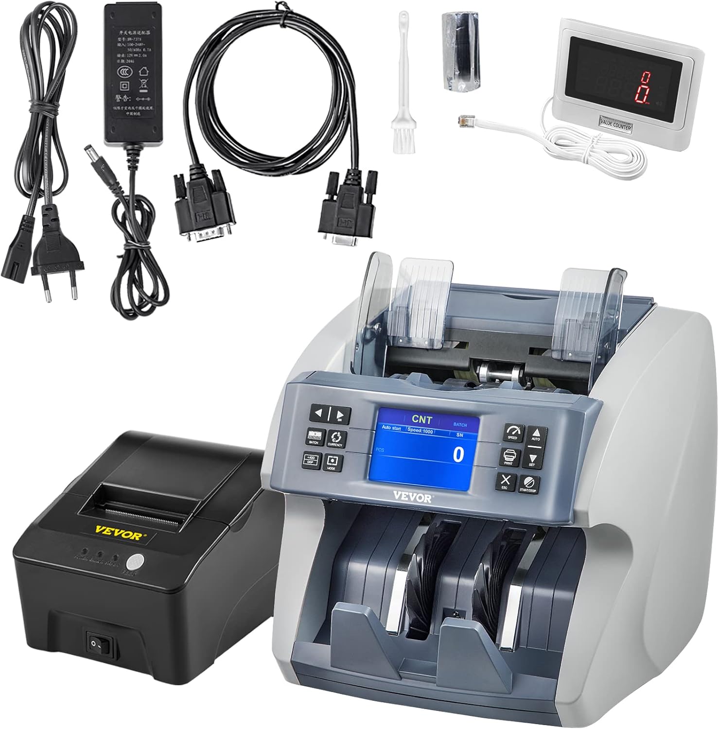 VEVOR Money Counter Machine, Mixed Denominations 2CIS,UV, MG, MT,IR, DB Counterfeit Detections Bill Counter with 8 Working Modes, 800/1000/1200/1500pcs/min with External Display & Printer for Bank