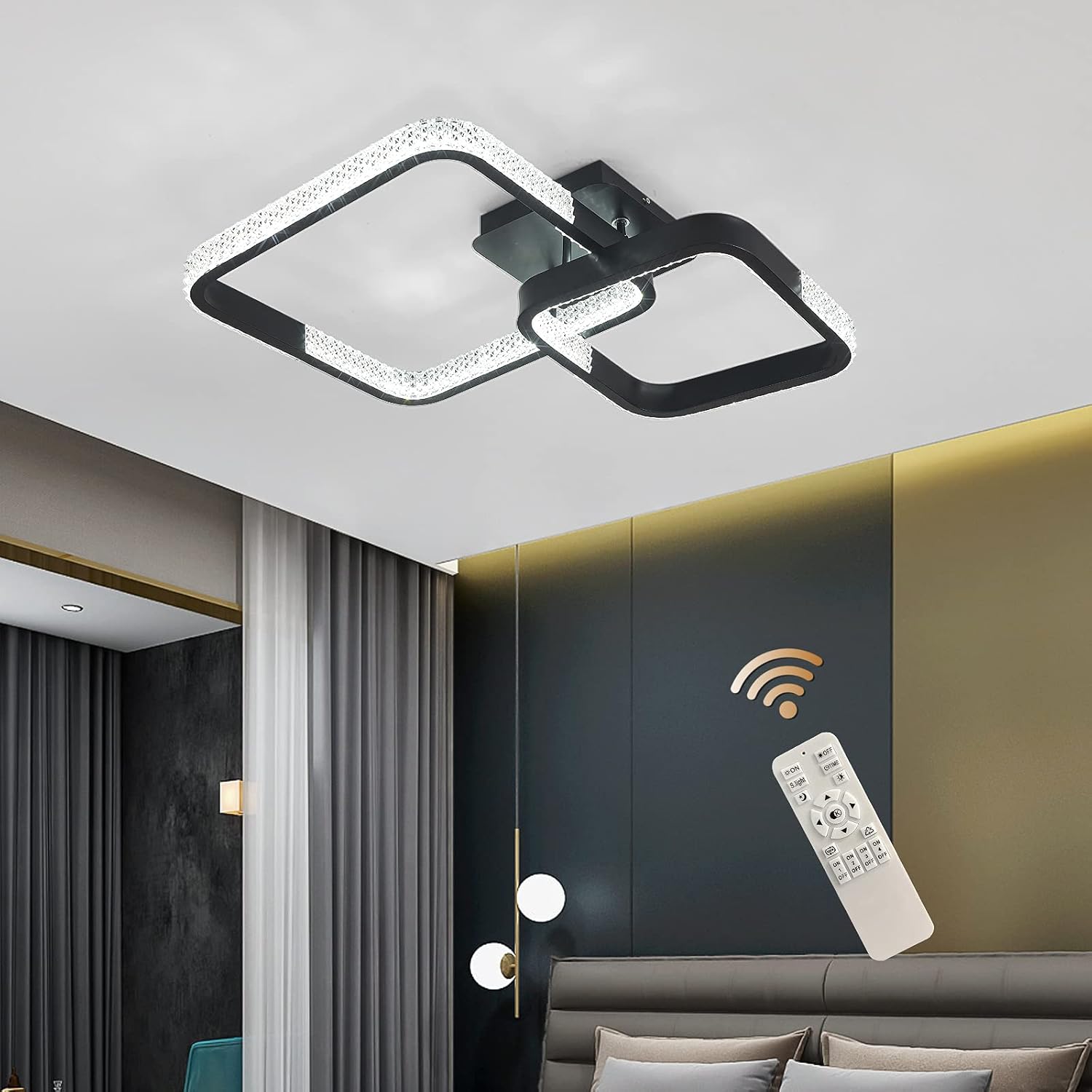 GEADI Modern LED Flush Mount Ceiling Light , 6-Heads 100W Geometric Square Ceiling Lamp Black Dimmable Flush Mount Ceiling Chandelier Lighting Fixture for Living Room Bedroom Dining Room