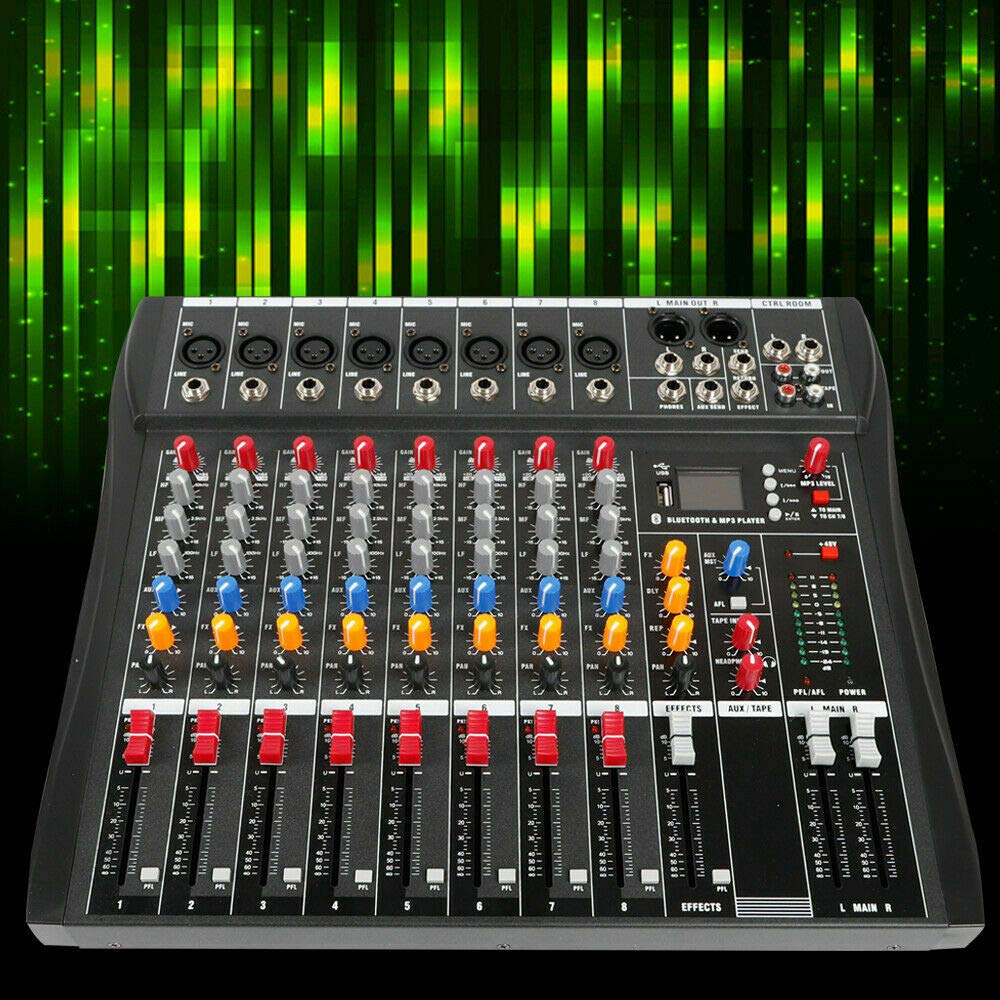 CNCEST Professional Mixer Sound Board Console 8 Channel Desk System Interface Digital USB Computer Phantom Power Stereo DJ Studio FX Steel Chassis Black Input AC 110V 50Hz 18W