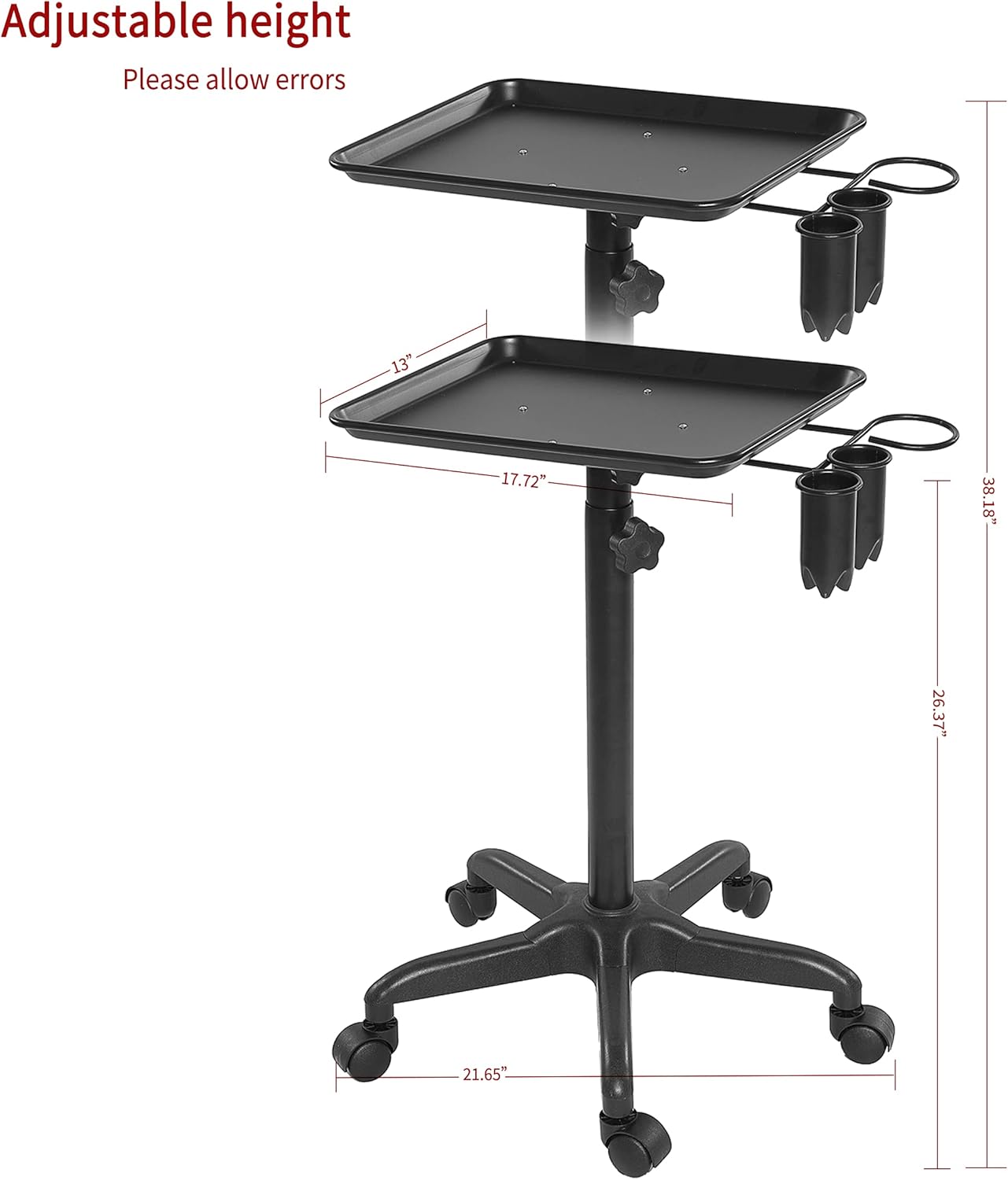 MWOSEN Rolling Salon Tray Cart Height Adjustable,Rolling Aluminum Tray Cart on Wheels for Hair Stylist, Hairdressing Tool Storage Trolley with Accessory Caddy(Black)