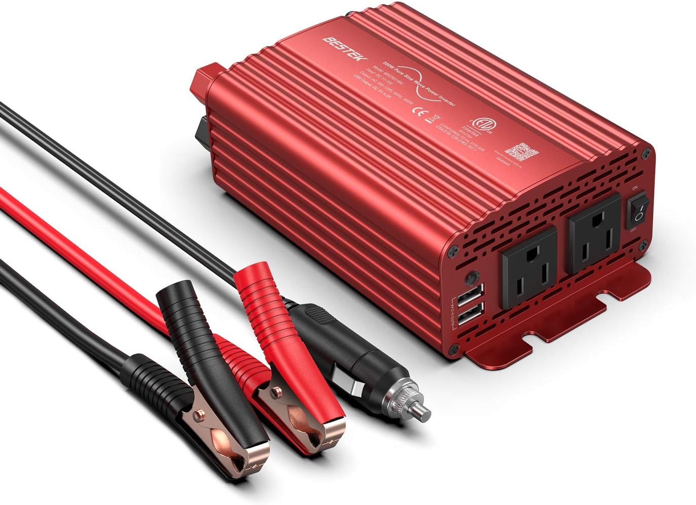 BESTEK 300Watt Pure Sine Wave Power Inverter DC 12V to AC 110V Car Plug Inverter Adapter Power Converter with 4.2A Dual USB Charging Ports and 2 AC Outlets Car Charger, ETL Listed Pack of 2
