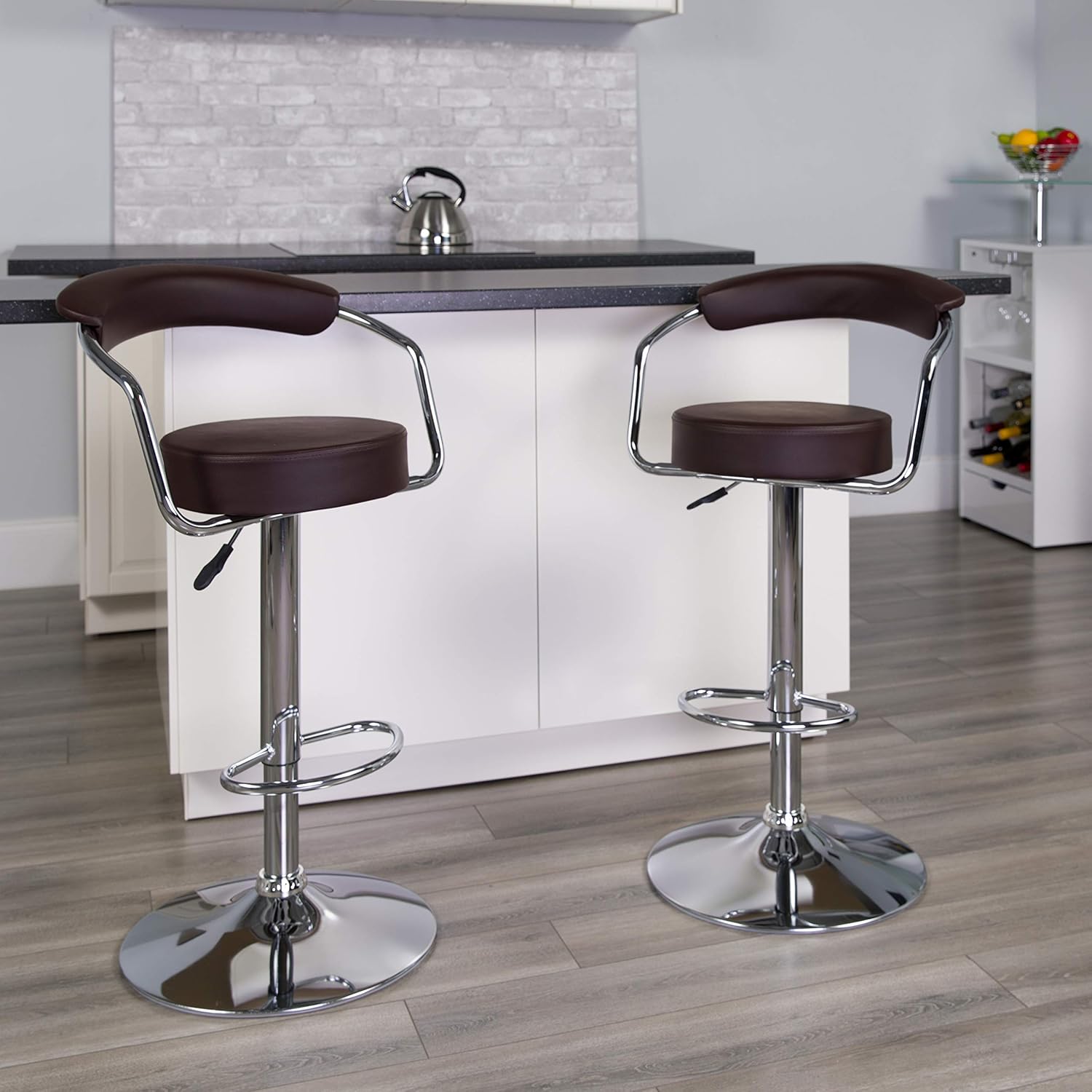 Flash Furniture 2 Pk. Contemporary Black Vinyl Adjustable Height Barstool with Arms and Chrome Base