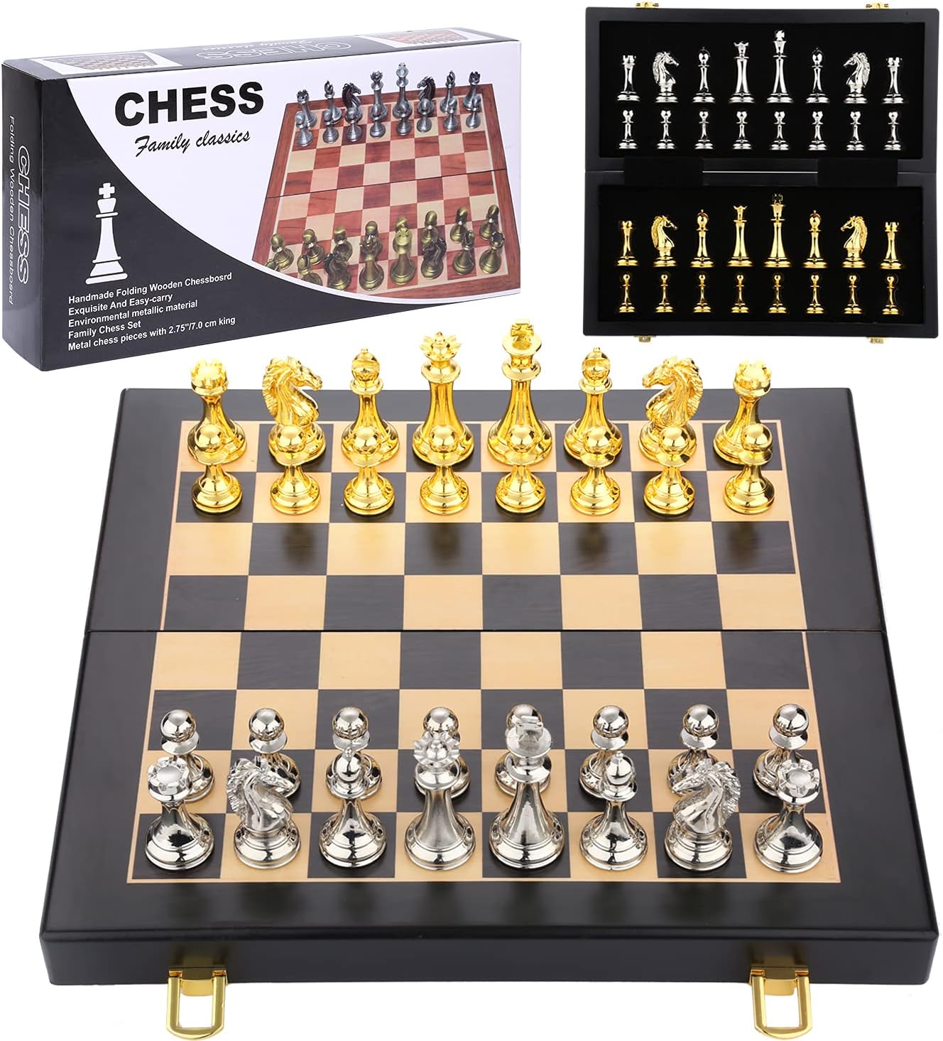 Metal Chess Set - Chess Board Game for Adults and Kids - Wooden Folding Travel Chess Board with Metal Pieces (Style A) Pack of 2
