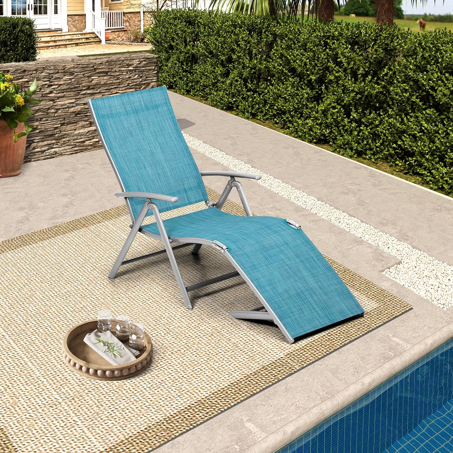 2PCS Outdoor Aluminum Adjustable Chaise Lounge, VredHom Textiline Folding Chaise, Recliner Lounge Chair for Patio/Pool/Beach/Yard with 8-Positions Adjustable Backrest & Foldable Footrest