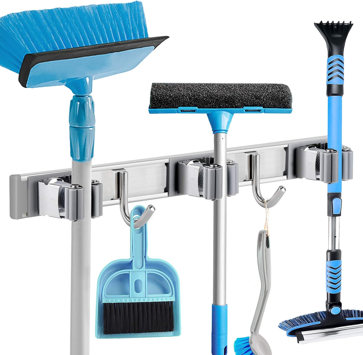 POPRUN Broom Mop Holder Organizer Hanger Wall Mount with Slidable 7 Racks 6 Hooks Stainless Steel Garage Garden Tool Organization Laundry Room Storage, 47.25