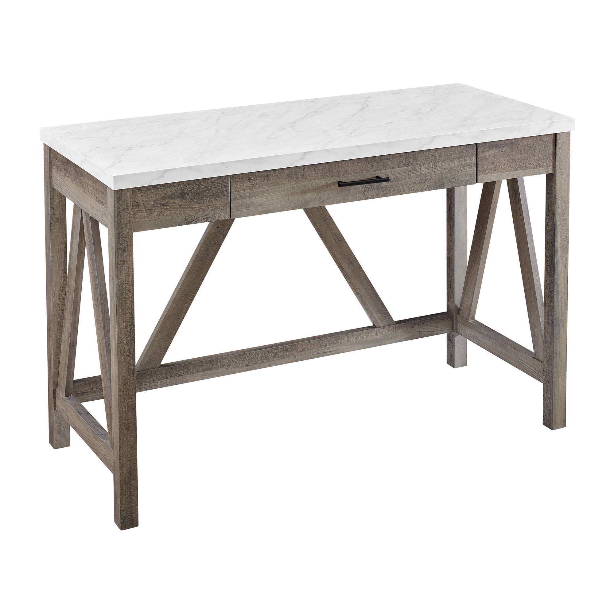 Augustus A Frame Farmhouse 1 Drawer Writing Desk Gray Wash/Faux White Marble - Saracina Home