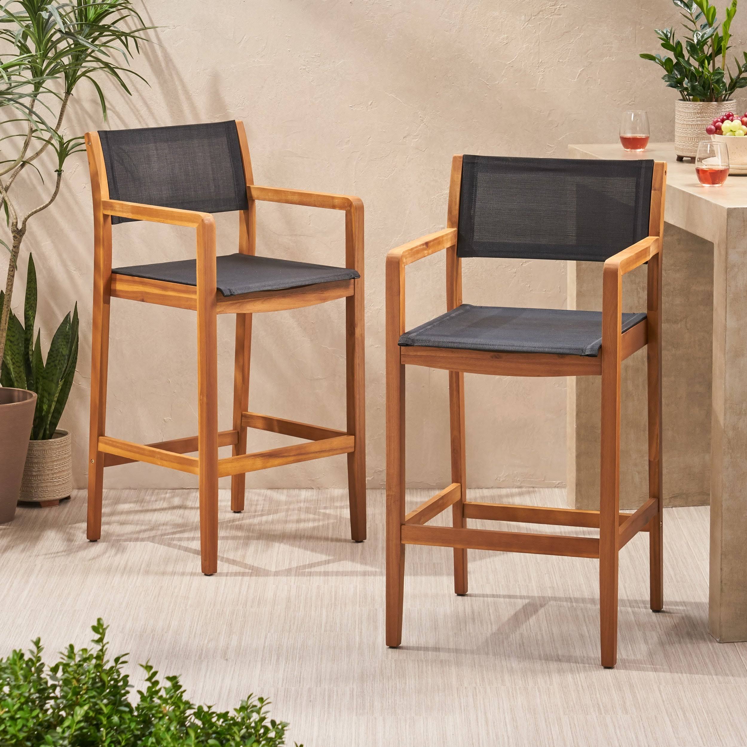Christopher Knight Home 312830 Calista Acacia Wood Barstools with Outdoor Mesh (Set of 2), Teak and Black