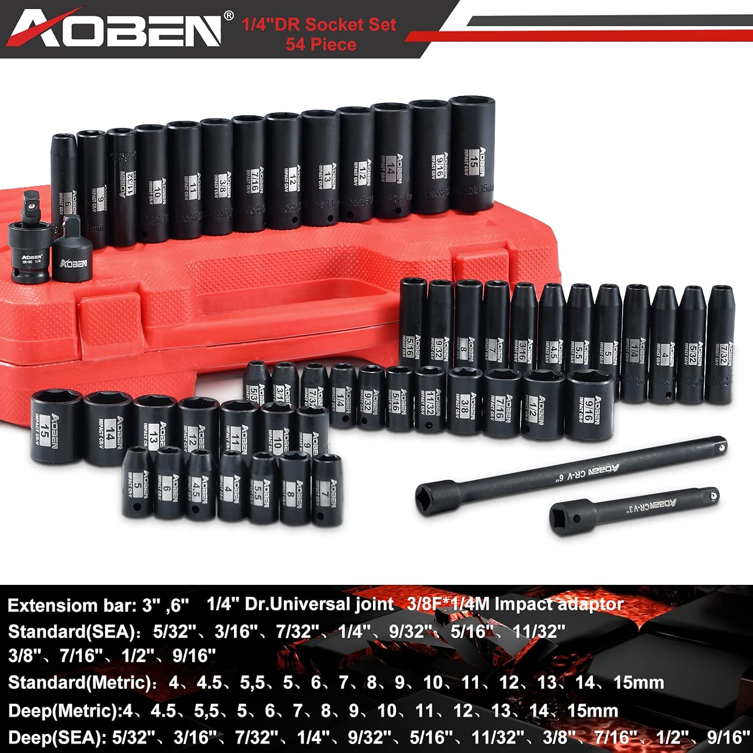 AOBEN 1/4-Inch Drive Impact Socket Set, 54 Pieces, 6 Point, SAE/Metric, Deep/Standard, Cr-V Steel, Includes Extension bars and Socket Adapter