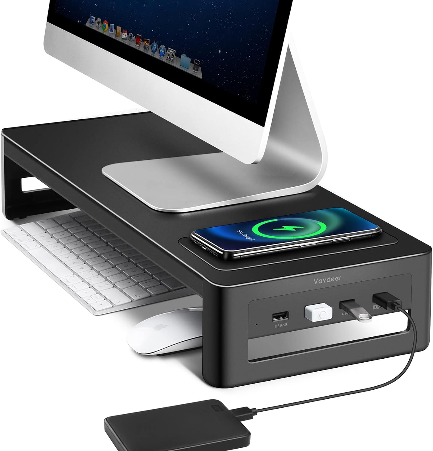 VAYDEER Monitor Stand Riser with Wireless Charger and USB3.0 Hub Support Data Transfer and Extra Storage Steel Desk Organizer for Laptop Computer Up to 27 inches and 66 pounds Pack of 2