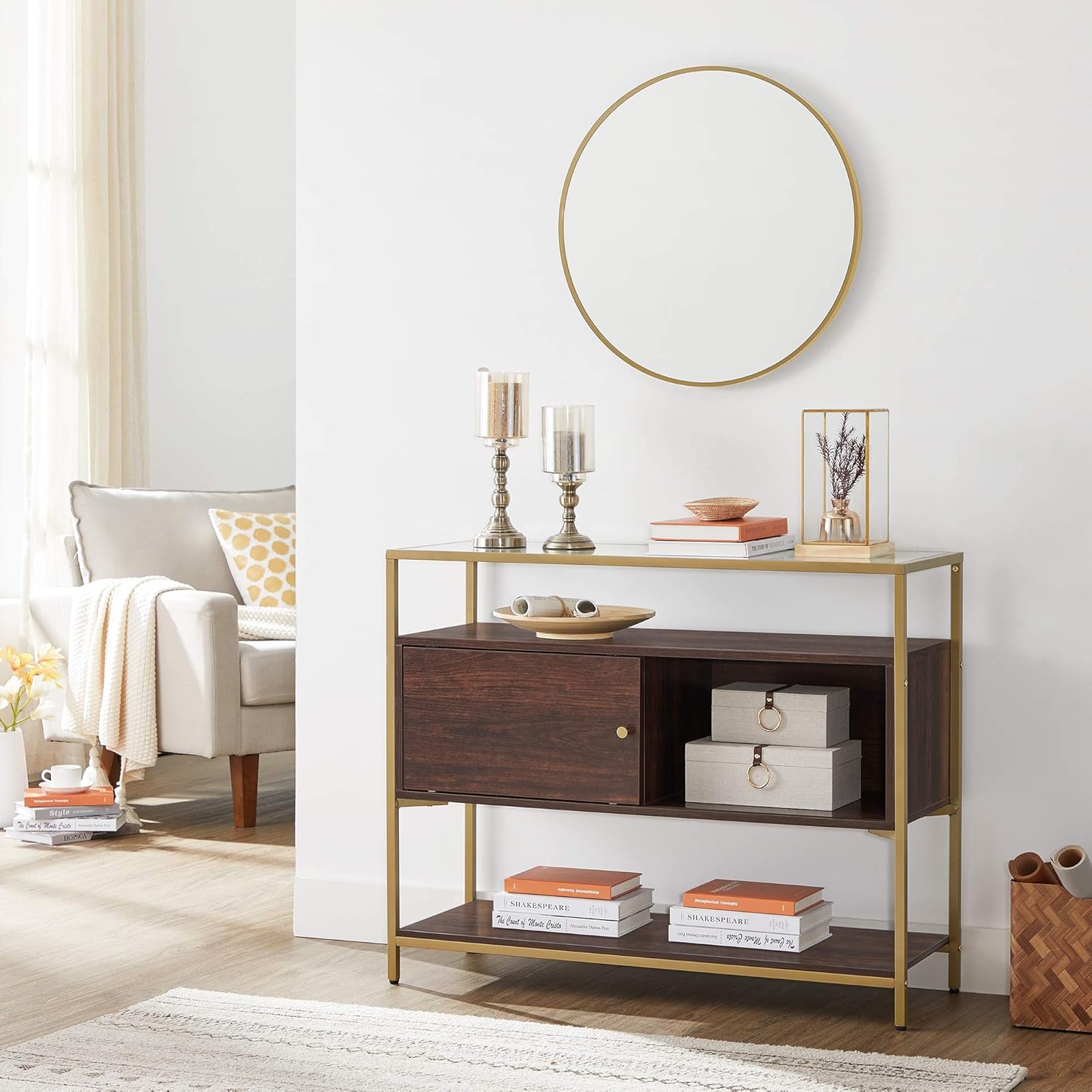 VASAGLE Sideboard, Side Cabinet with Glass Top, Sliding Door, Open Shelf, and Steel Frame, Buffet Table and Accent Cabinet, for Dining Room, Chocolate Brown and Matte Gold Color ULSC016B24