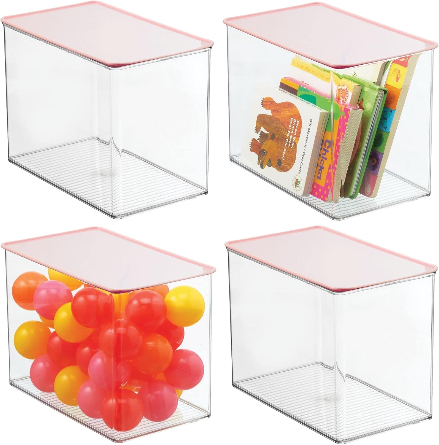 mDesign Stackable Closet Plastic Storage Bin Box with Attached Lid - for Organizing Baby/Child's/Kids Toys, Action Figures, Markers, Blocks, Crafts, Dog/Cat Toy Box, 4 Pack - Clear/Light Purple Pack of 2
