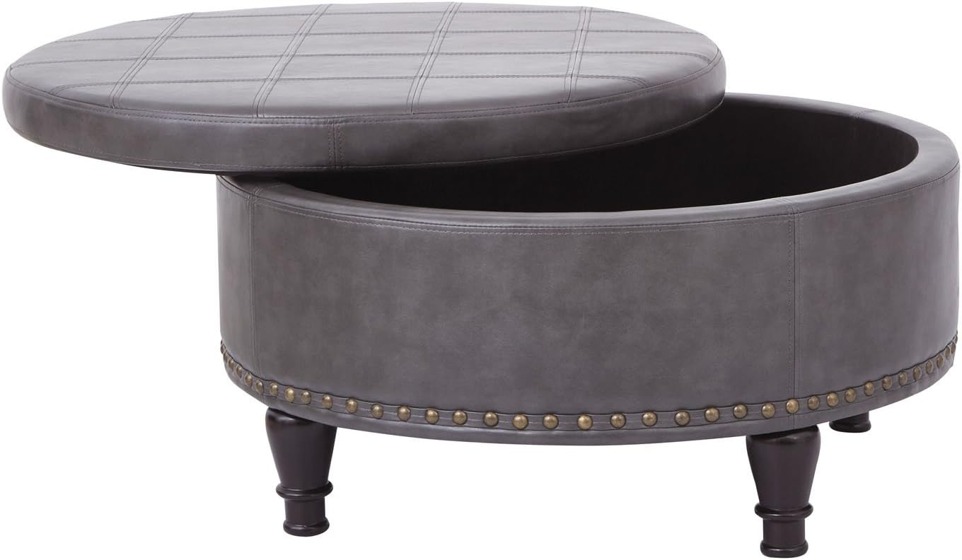 OSP Home Furnishings Augusta Round Storage Ottoman with Decorative Nailheads and Flip Over Lid with Serving Tray Surface, Pewter Grey Faux Leather