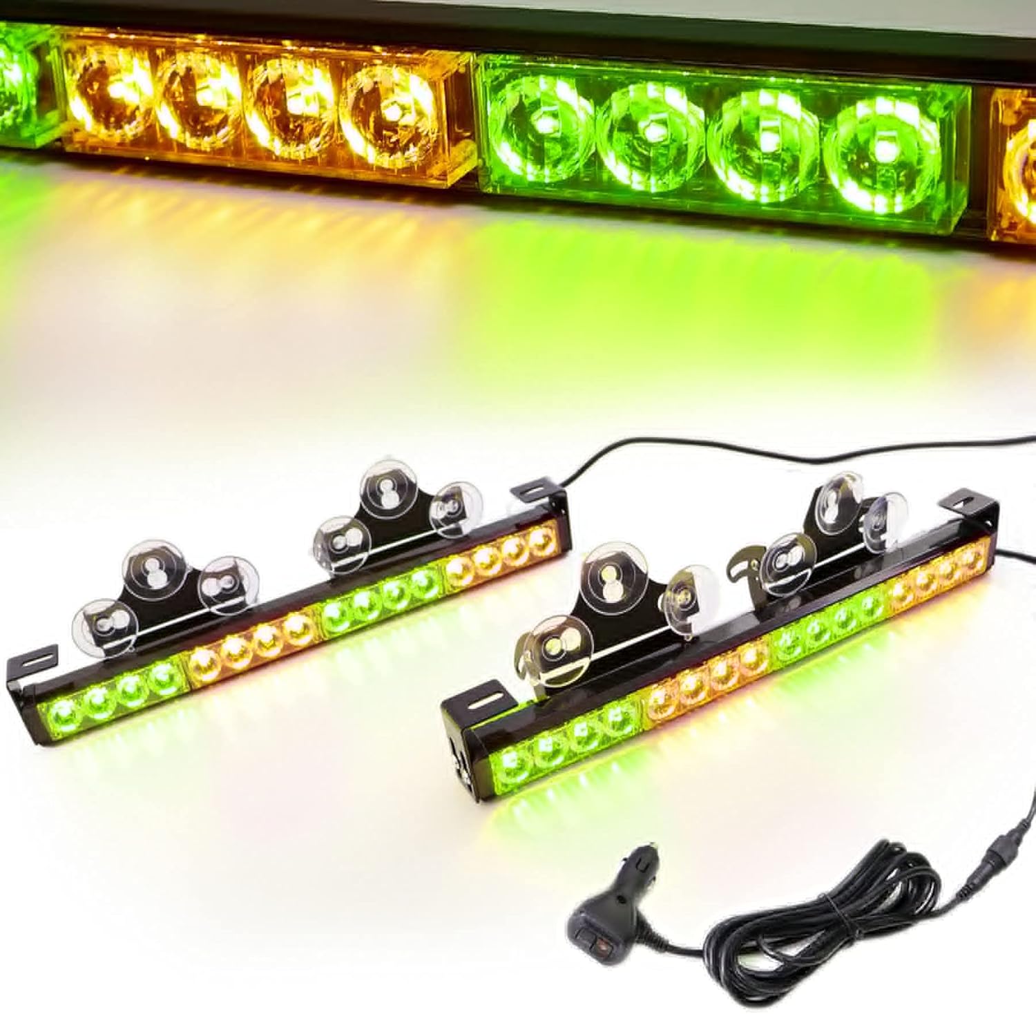 LE-JX Red/White 2 in 1 Emergency Strobe Light Bar 21 Flash Patterns Traffic Advisor Warning Hazard Windshield Safety Lights Bar with Cigar Lighter for Police Vehicles, Truck (2×16.8 inch, 32 Led) Pack of 2