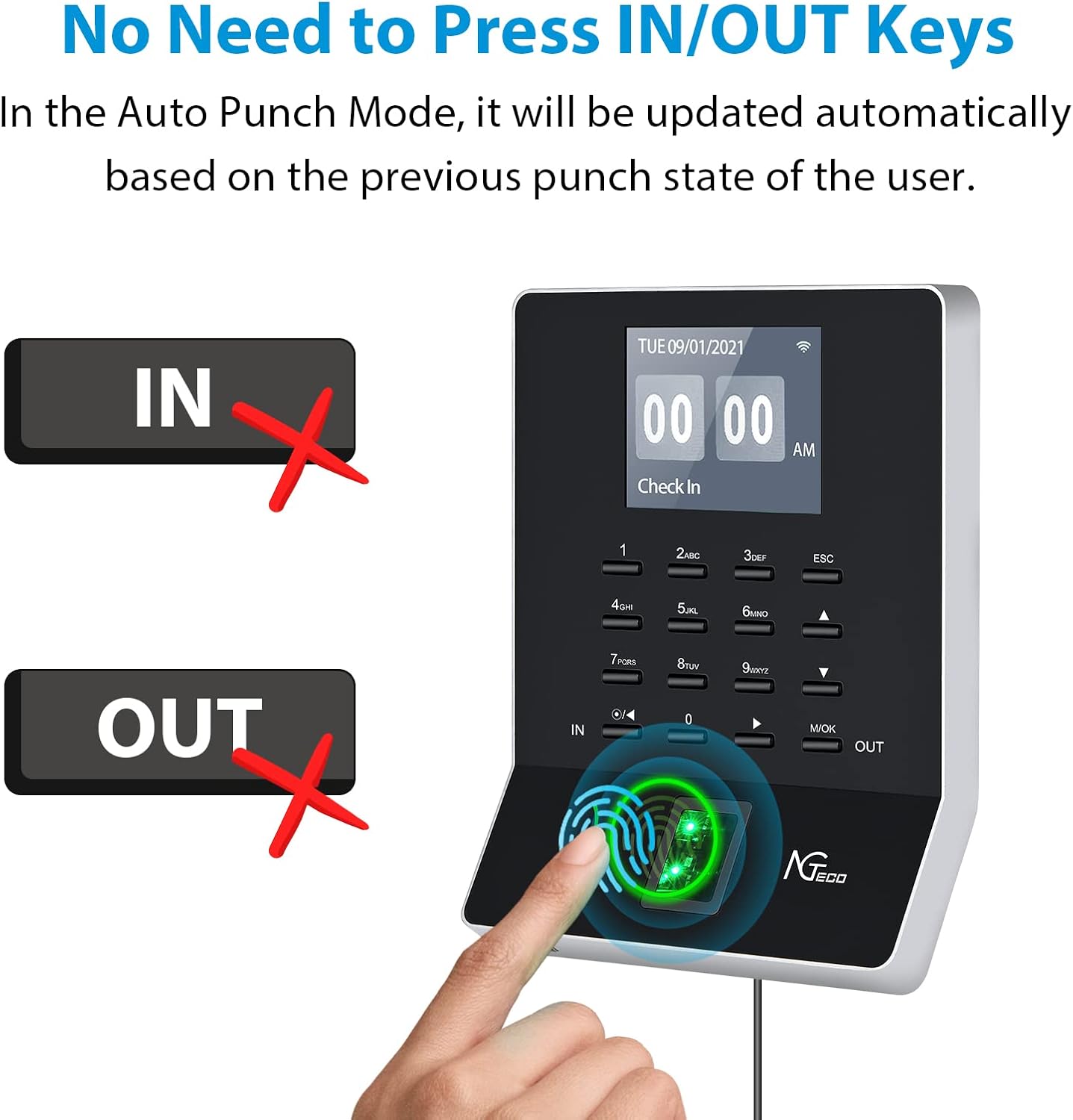 Time Clock, NGTeco Time Card Machine, W2 Fingerprint Time Clocks for Employees Small Business Automatic in and Out, LAN WiFi Punch Card Attendance with App for iOS/Android (0 Monthly Fees)