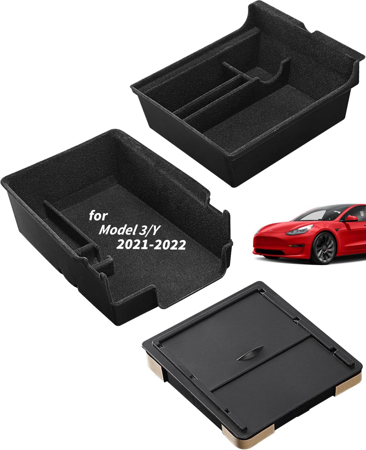 SPARKWHIZ Center Console Organizer for Tesla: Front and Rear Tray & Armrest Hidden Drawer Storage Box, for Refreshed Model 3 & Model Y 2021 - 2022, 3-Piece Set, ABS Plastic Bin Flocked Surface, Black Pack of 2