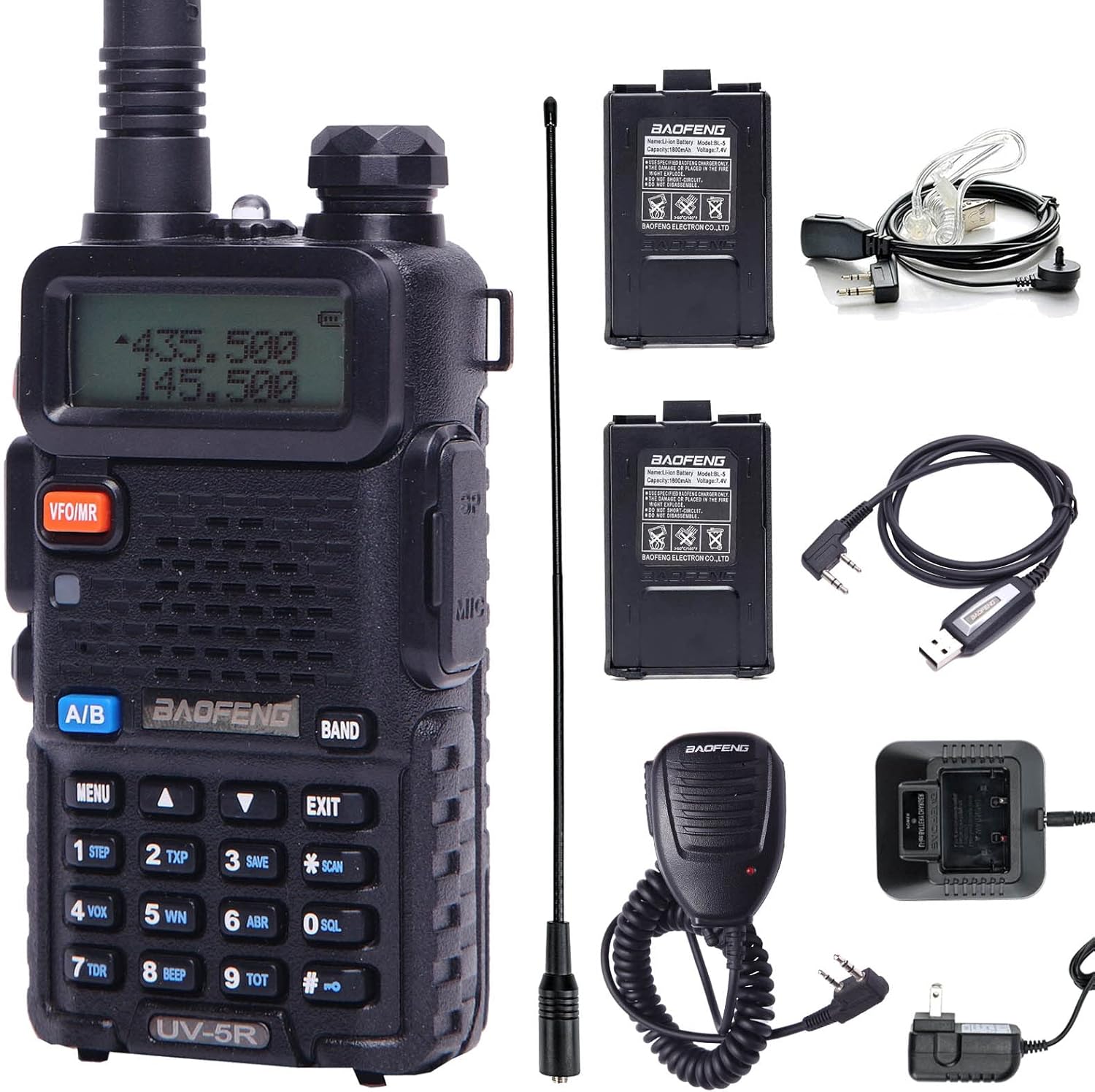 Baofeng Walkie Talkie UV-5R 8W Dual Band Two Way Radio with one More 1800mAh Battery one Hand Mic one Acoustic Tube Surveillance Earphone one Cable and one NA-771 Antenna Radio Pack of 2
